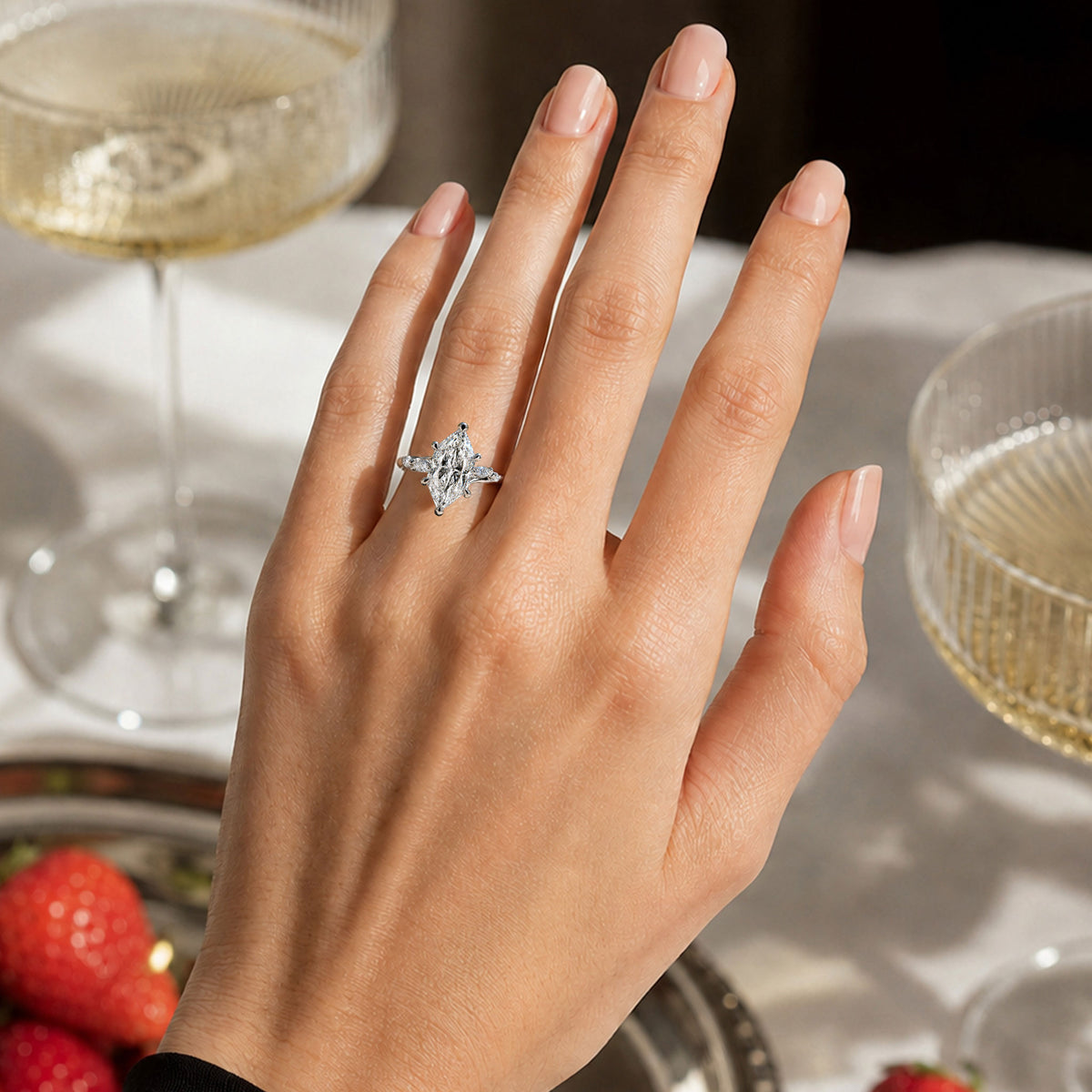 Hidden Halo Modern Design Dutch Marquise Cut Moissanite Cathedral Basket Tapered Shank Polished Engagement Ring With Round Cut And Marquise Cut Moissanits #MCERM0012
