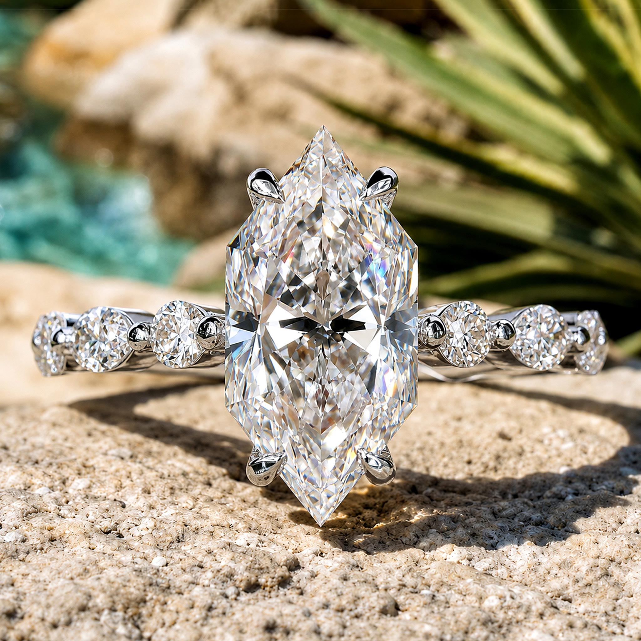 Art Deco Design Dutch Marquise Cut Moissanite Pave Shank Engagement Rings With Round Cut And Marquise Cut Moissanites #MCERM0014