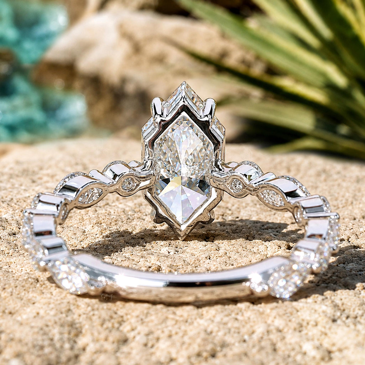 Art Deco Design Dutch Marquise Cut Moissanite Pave Shank Engagement Rings With Round Cut And Marquise Cut Moissanites #MCERM0014
