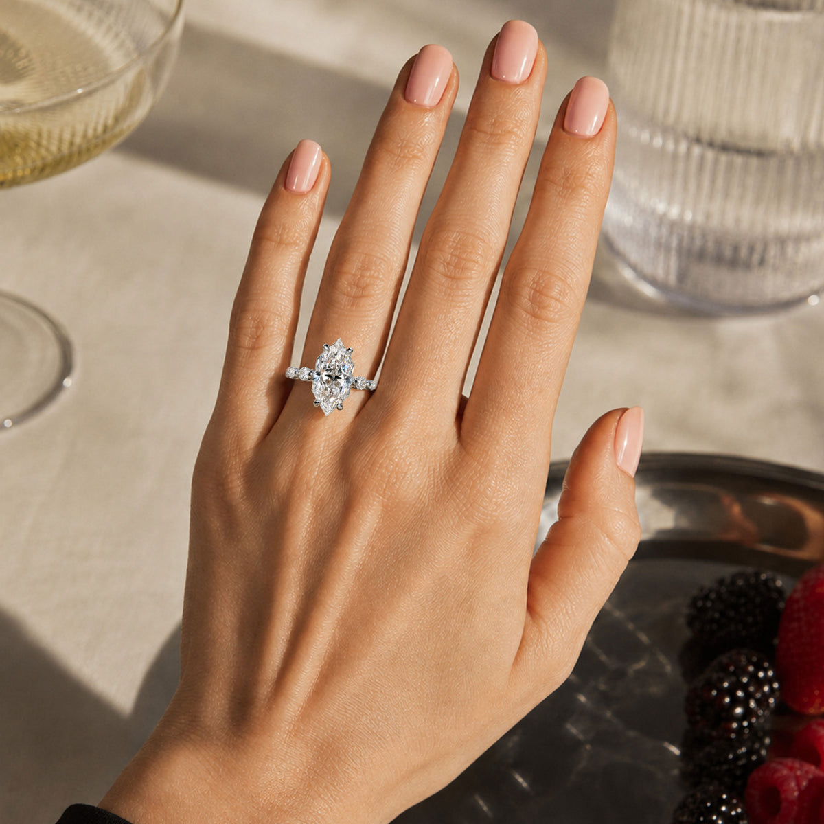 Art Deco Design Dutch Marquise Cut Moissanite Pave Shank Engagement Rings With Round Cut And Marquise Cut Moissanites #MCERM0014