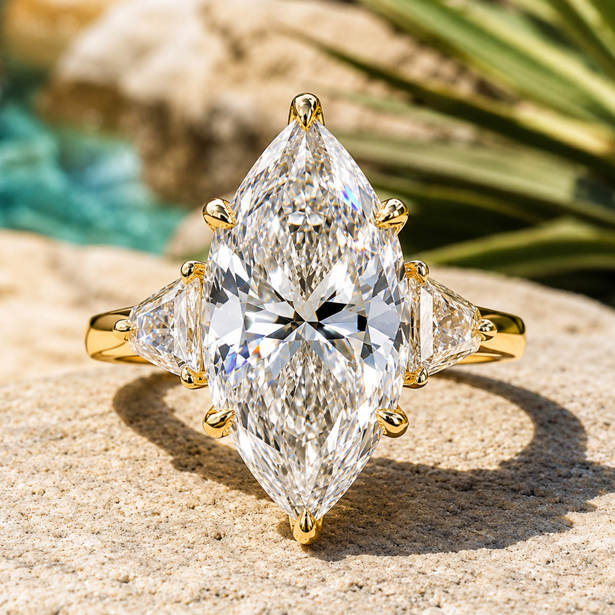 Three Stone Minimalist Design 3CT Marquise Cut Moissanite Center Stone Polished Shank Engagement Rings With Shield Cut Accent Moissanites #MCERM0015