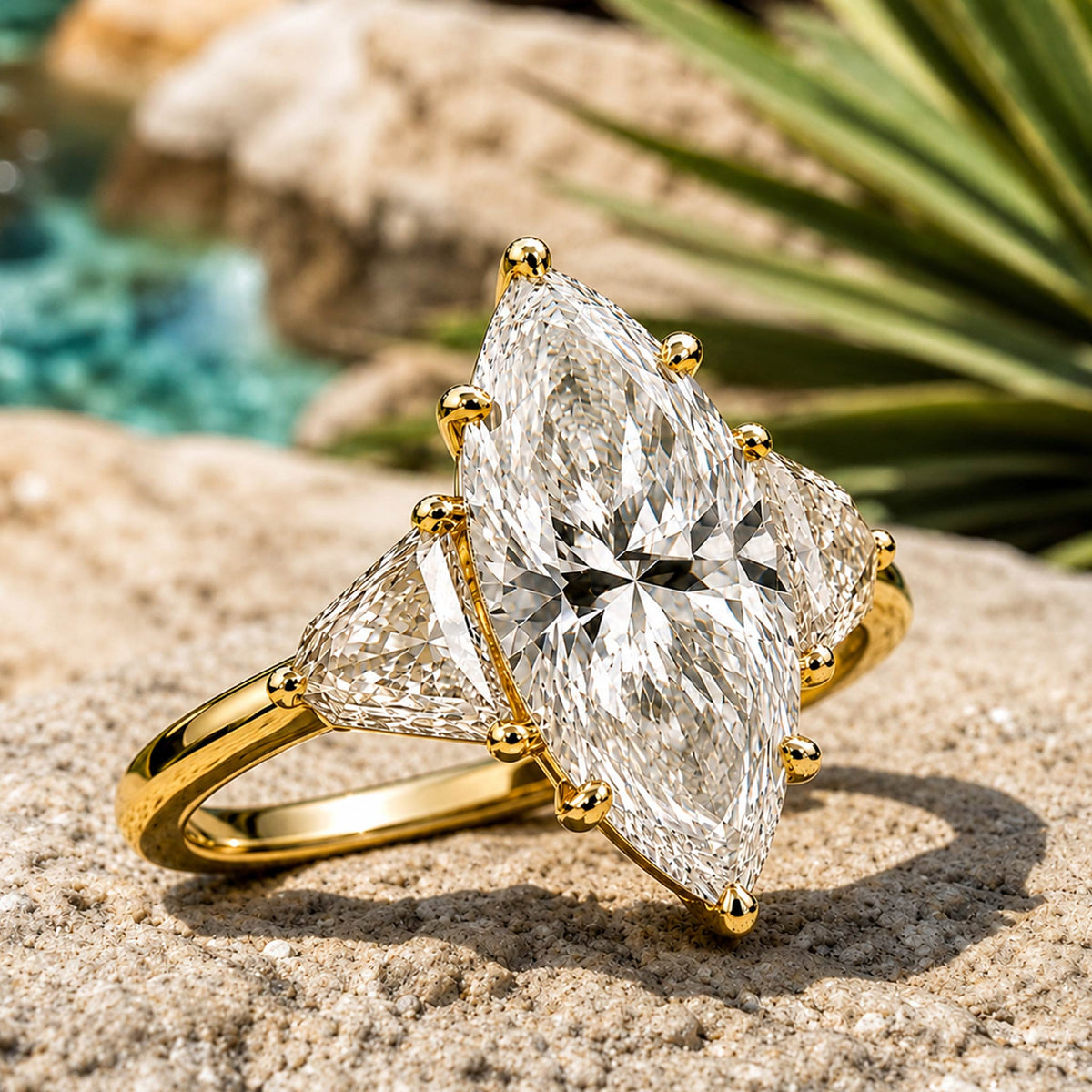 Three Stone Minimalist Design 3CT Marquise Cut Moissanite Center Stone Polished Shank Engagement Rings With Shield Cut Accent Moissanites #MCERM0015