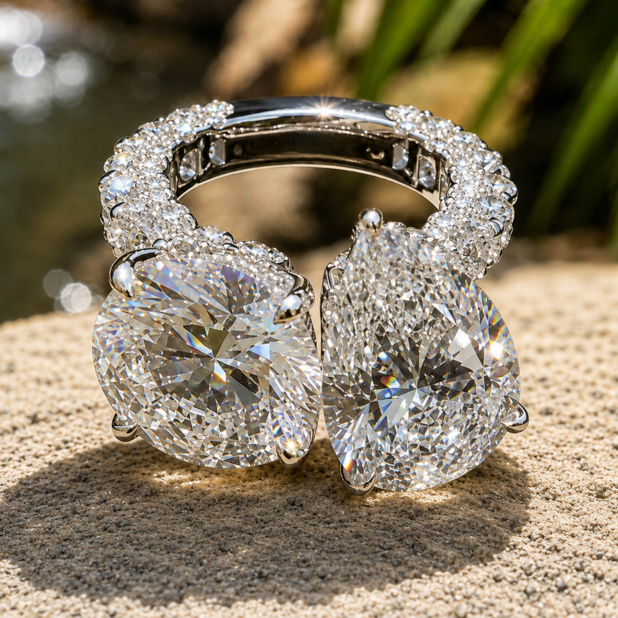 luxurious ToietMoi Hidden Halo Design 8CT Round Cut And Pear Cut Moissanite Pave Shank Engagement Ring #MCERM0016
