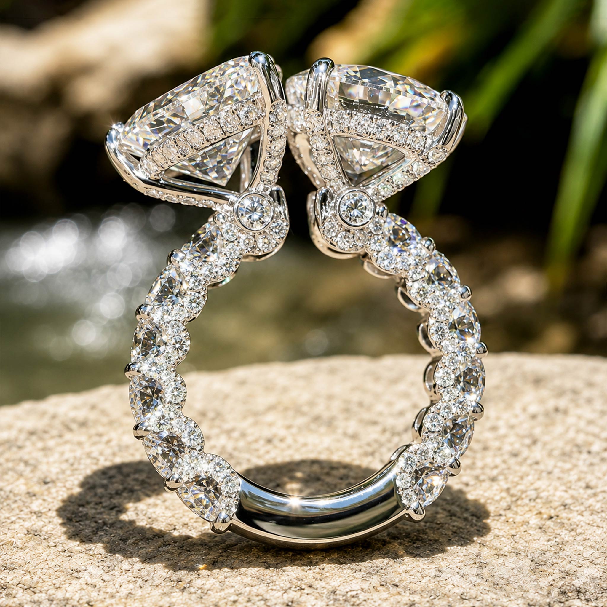 luxurious ToietMoi Hidden Halo Design 8CT Round Cut And Pear Cut Moissanite Pave Shank Engagement Ring #MCERM0016
