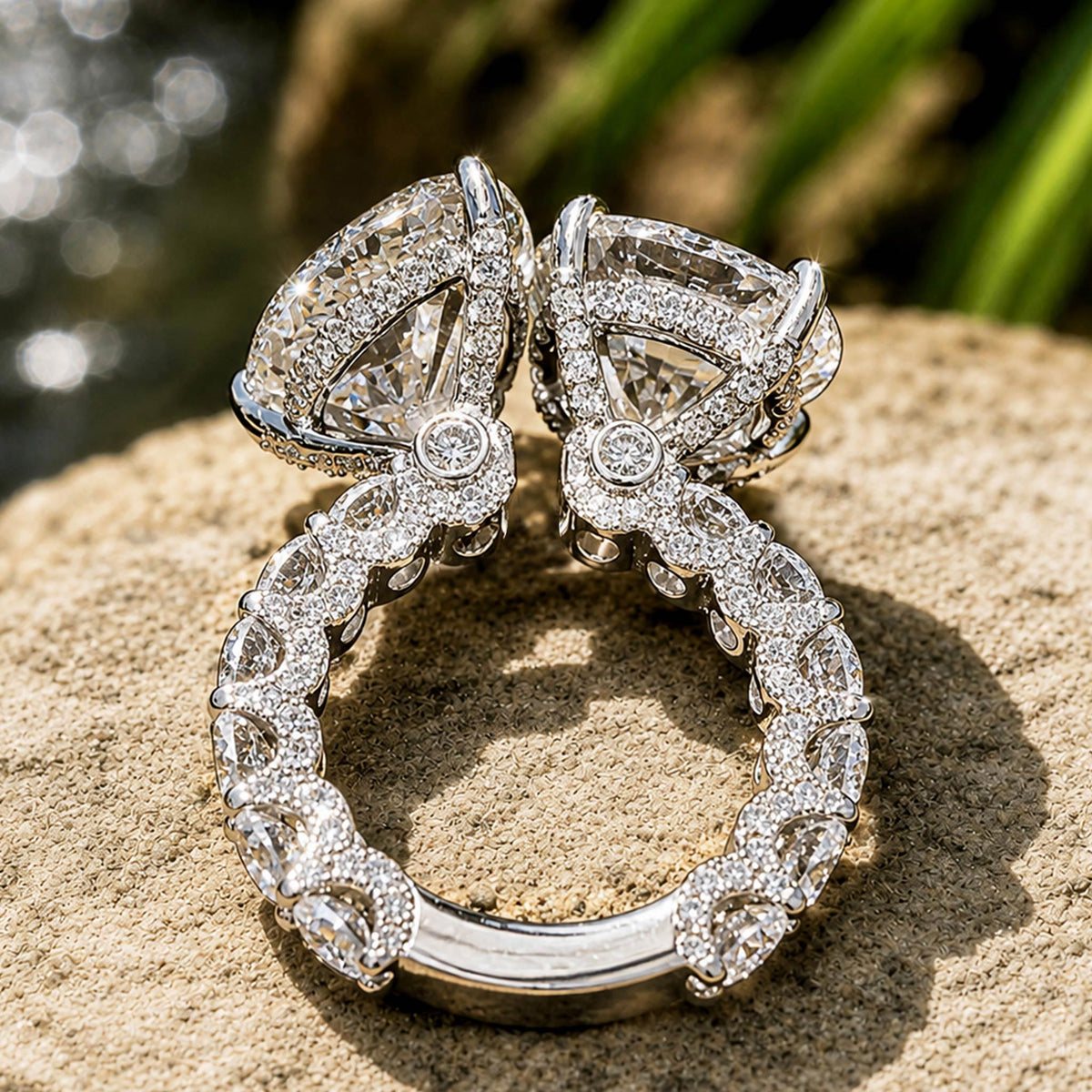luxurious ToietMoi Hidden Halo Design 8CT Round Cut And Pear Cut Moissanite Pave Shank Engagement Ring #MCERM0016