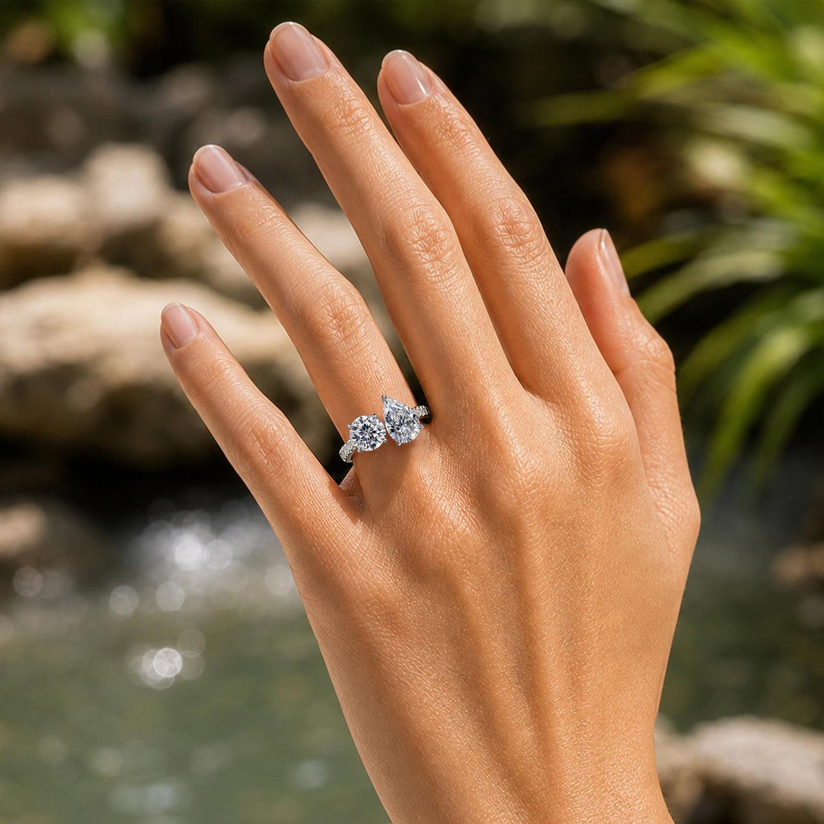 luxurious ToietMoi Hidden Halo Design 8CT Round Cut And Pear Cut Moissanite Pave Shank Engagement Ring #MCERM0016