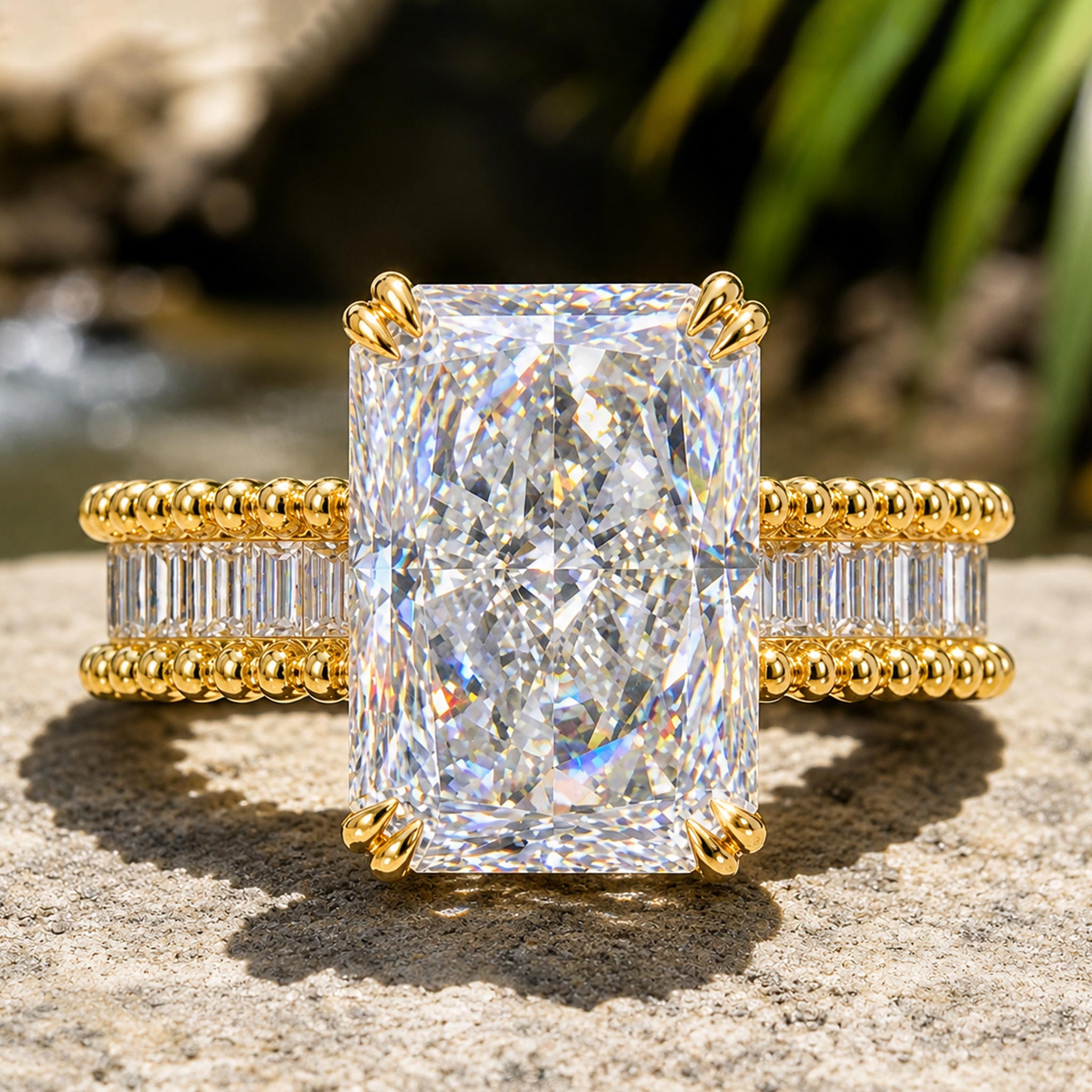 Art Deco Design 10CT Radiant Cut Moissanite Pave Engagement Rings With Baguette Cut Accent Moissanites #MCERM0017