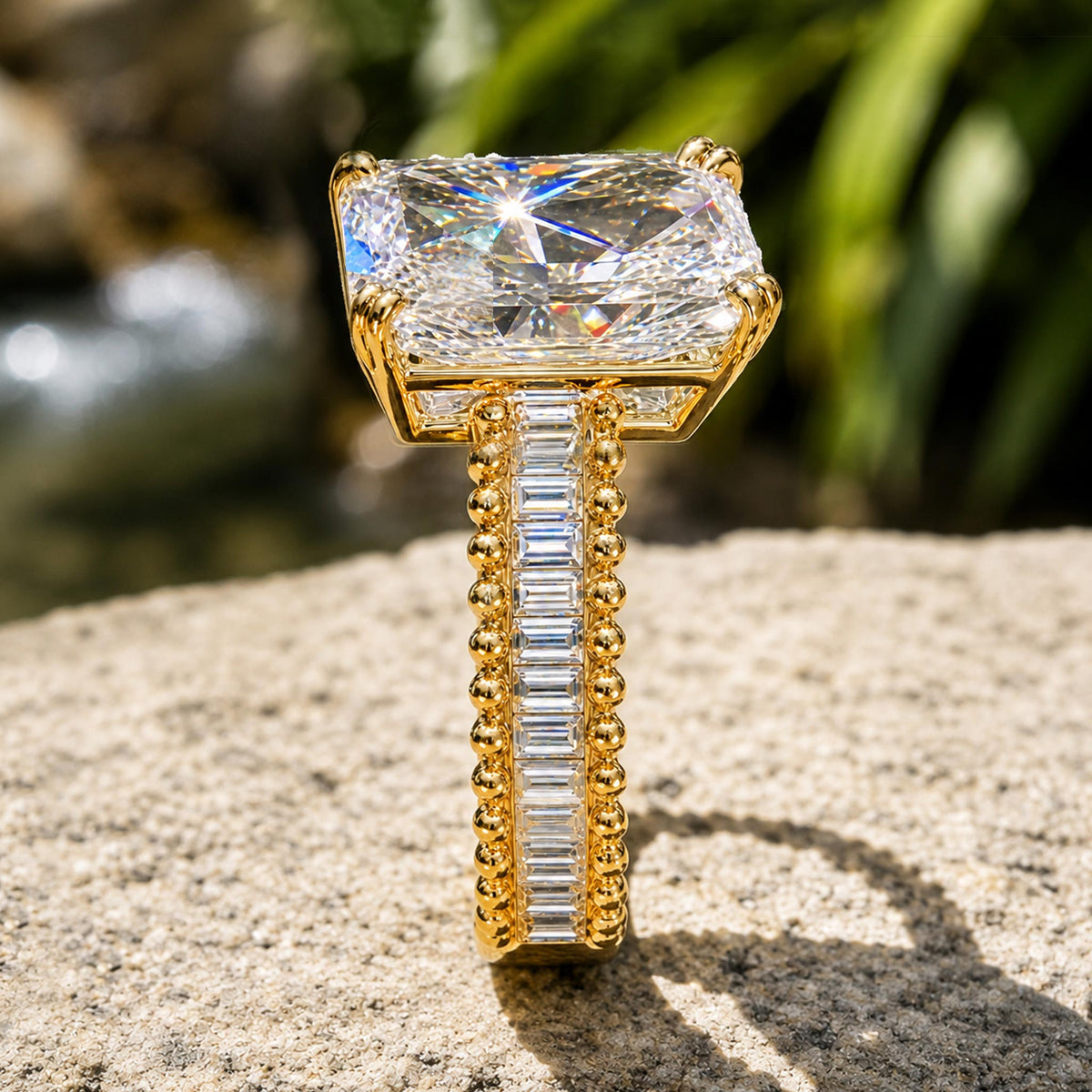 Art Deco Design 10CT Radiant Cut Moissanite Pave Engagement Rings With Baguette Cut Accent Moissanites #MCERM0017