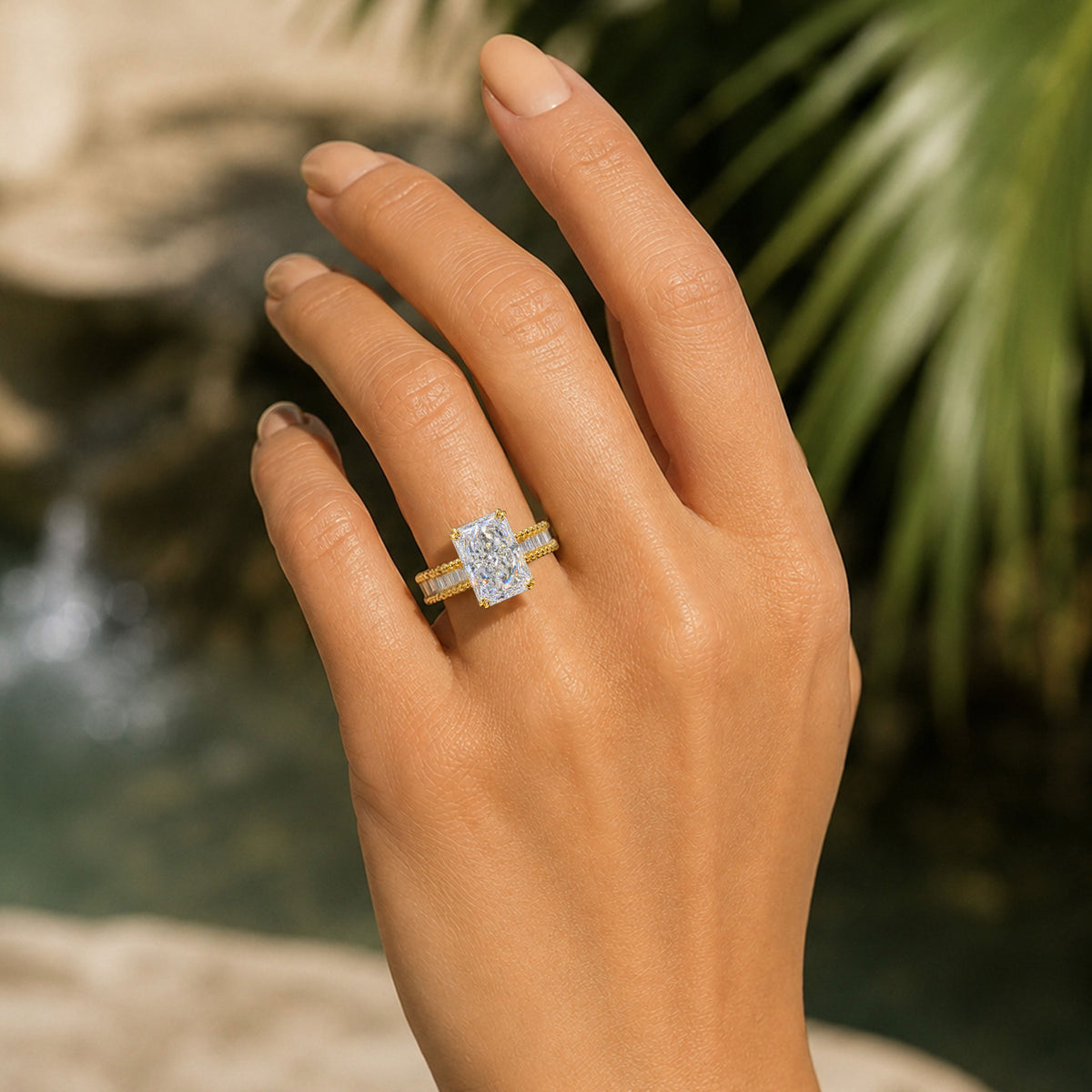 Art Deco Design 10CT Radiant Cut Moissanite Pave Engagement Rings With Baguette Cut Accent Moissanites #MCERM0017