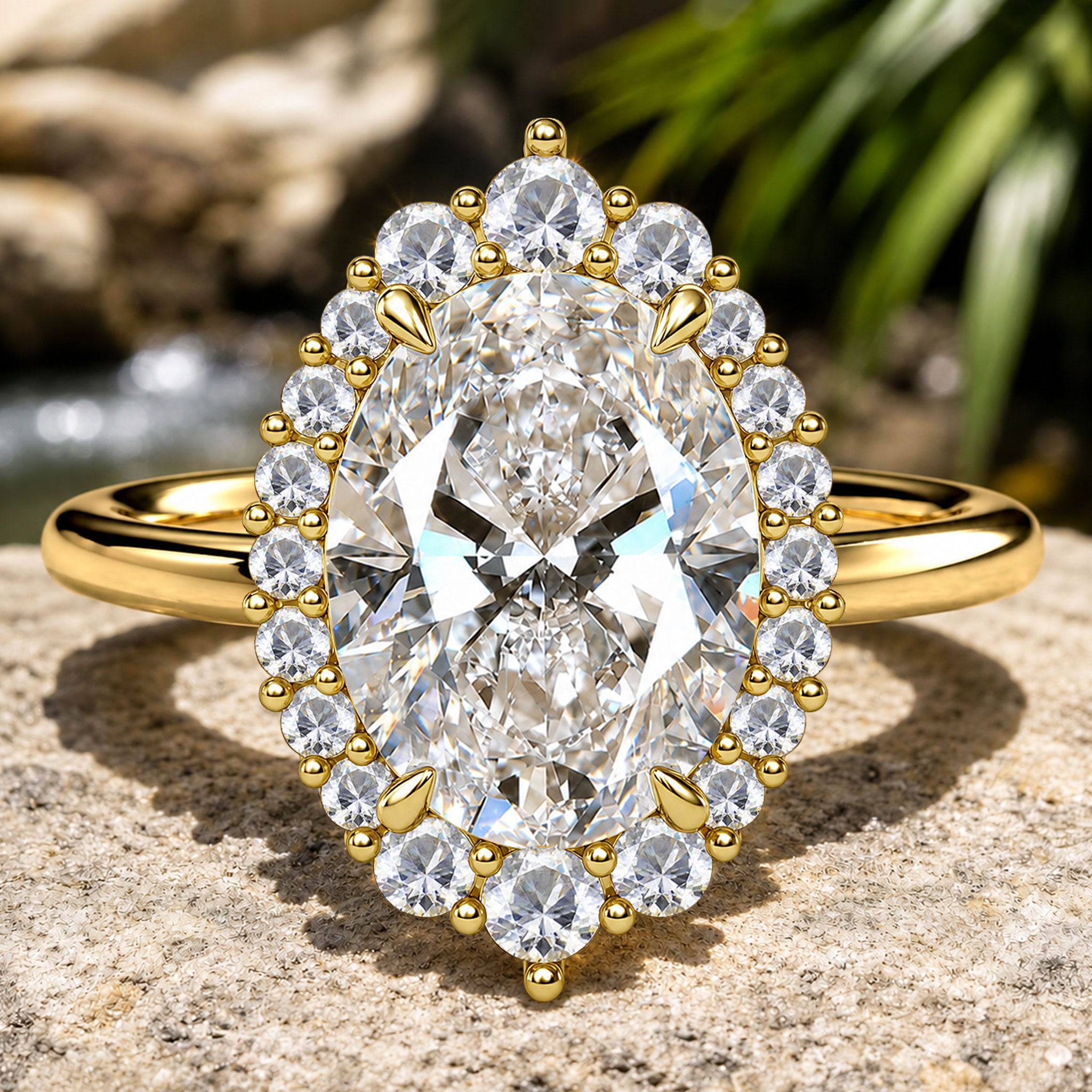 Halo Modern Design Oval Cut Moissanite Diamond Cathedral Basket Tapered Shank Engagement Rings With Round Cut Accent Stones #MCERM0078