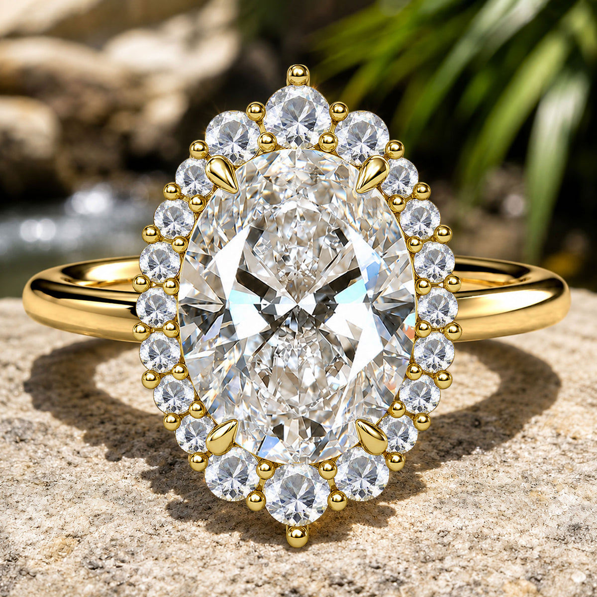 5CT Halo Modern Design Oval Cut Moissanite Diamond Cathedral Basket Tapered Shank Engagement Rings With Round Cut Accent Stones #MCERM0078