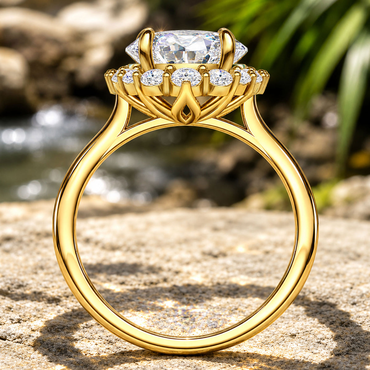 5CT Halo Modern Design Oval Cut Moissanite Diamond Cathedral Basket Tapered Shank Engagement Rings With Round Cut Accent Stones #MCERM0078