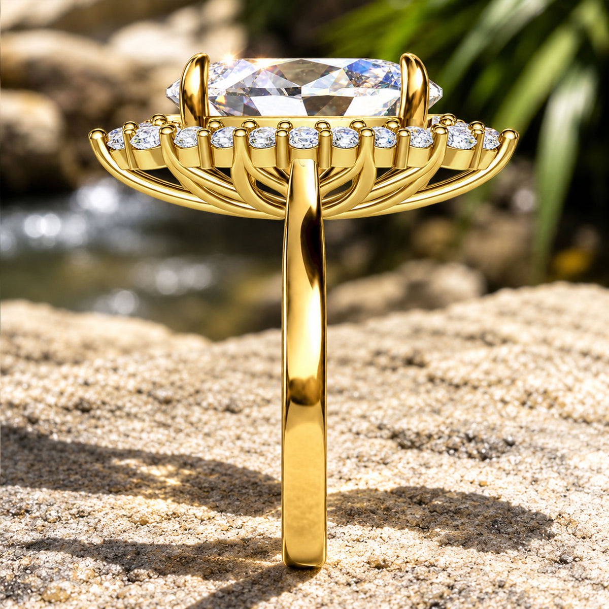 5CT Halo Modern Design Oval Cut Moissanite Diamond Cathedral Basket Tapered Shank Engagement Rings With Round Cut Accent Stones #MCERM0078