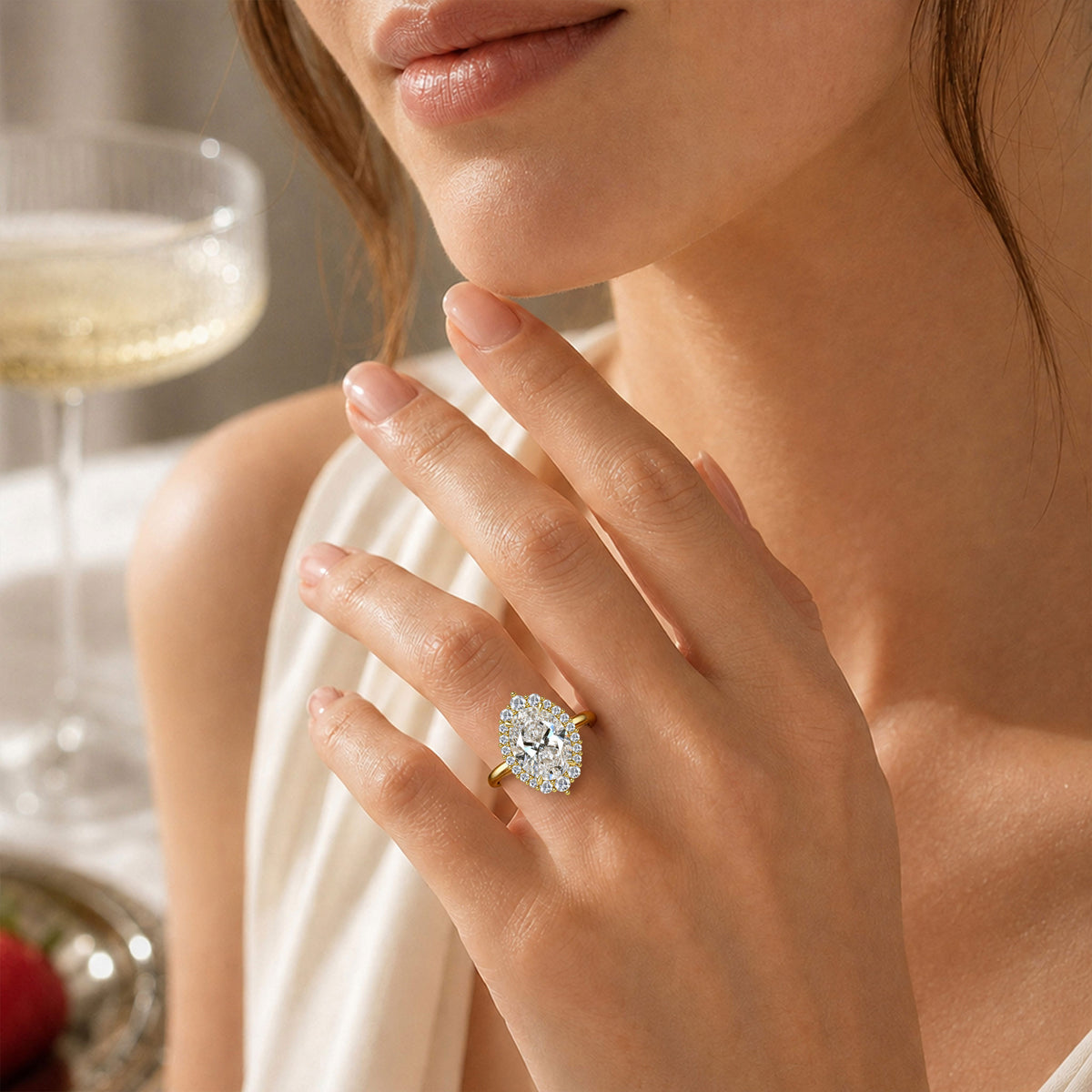 5CT Halo Modern Design Oval Cut Moissanite Diamond Cathedral Basket Tapered Shank Engagement Rings With Round Cut Accent Stones #MCERM0078