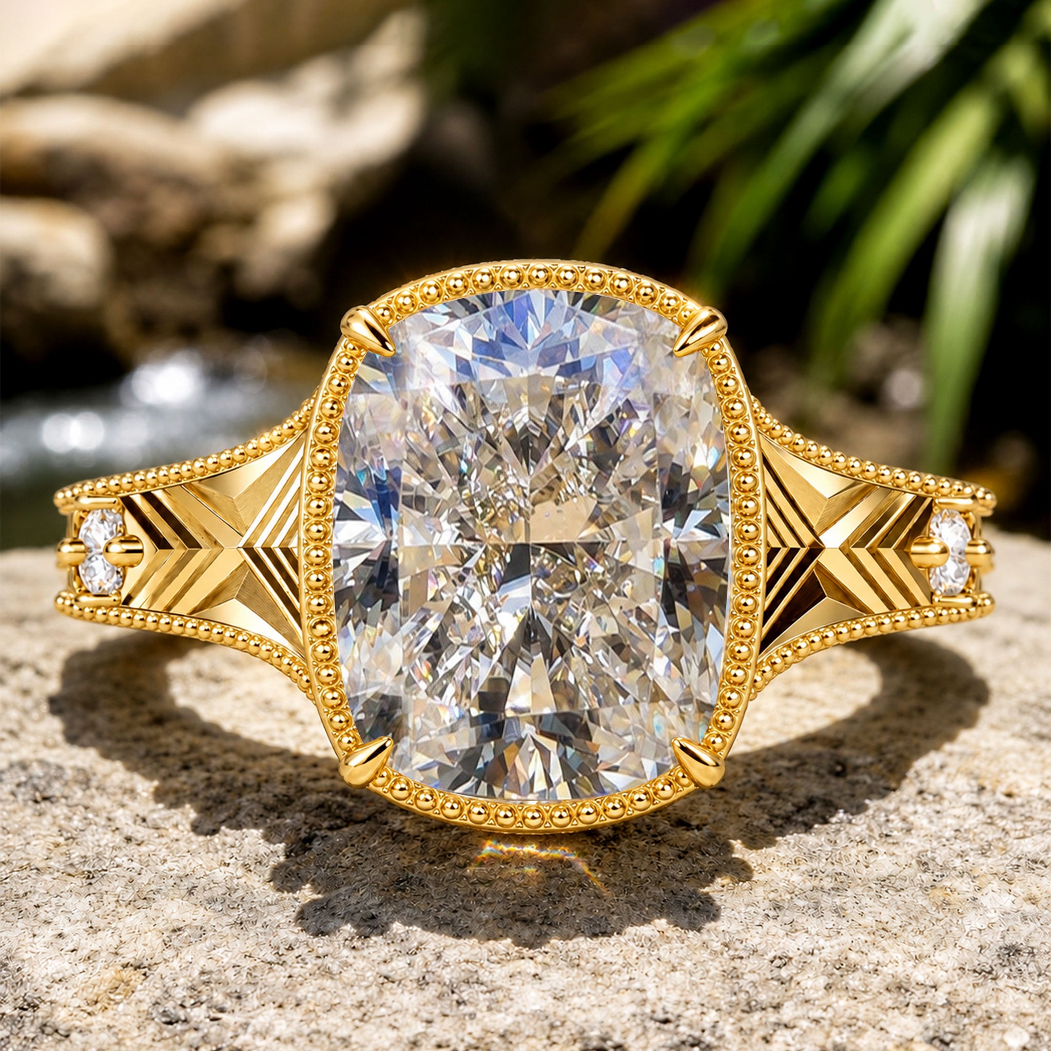 7CT Vintage Milgrain Engraved Design Cushion Cut Moissanite Cathedral Basket Engagement Rings With Round Cut Accent Stones #MCERM0079