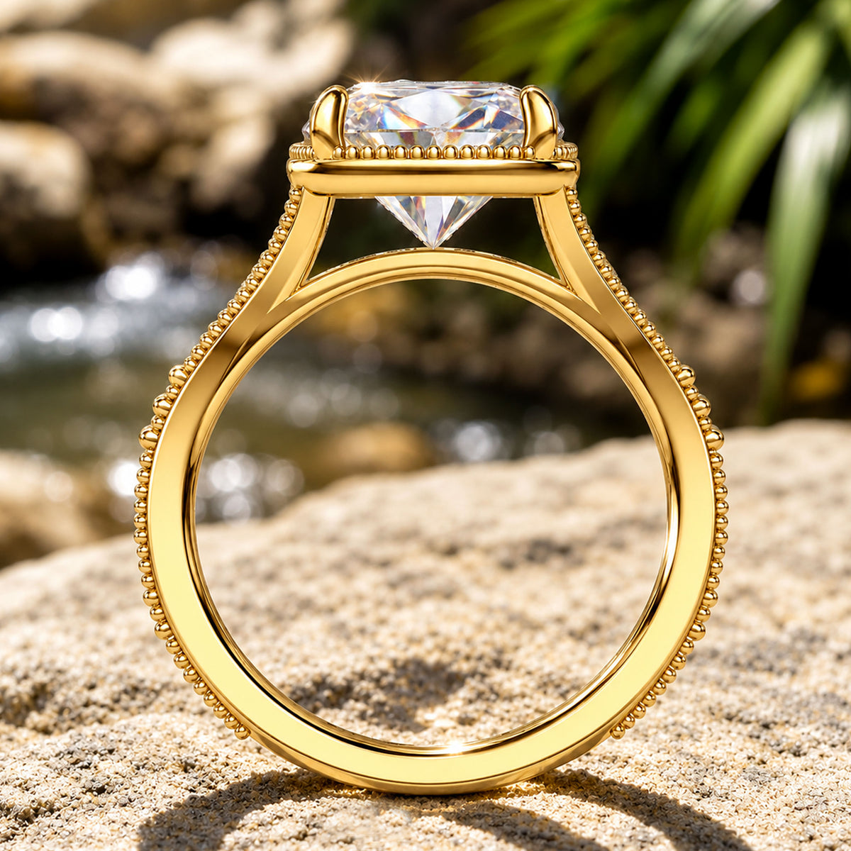 7CT Vintage Milgrain Engraved Design Cushion Cut Moissanite Cathedral Basket Engagement Rings With Round Cut Accent Stones #MCERM0079