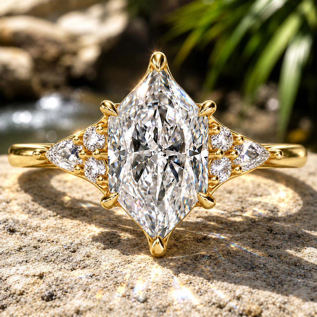 Vintage Dutch Marquise Cut Moissanite Diamond Cathedral Basket Tapered Shank Engagement Rings With Round Cut And Pear Cut Accent Stones #MCERM0085