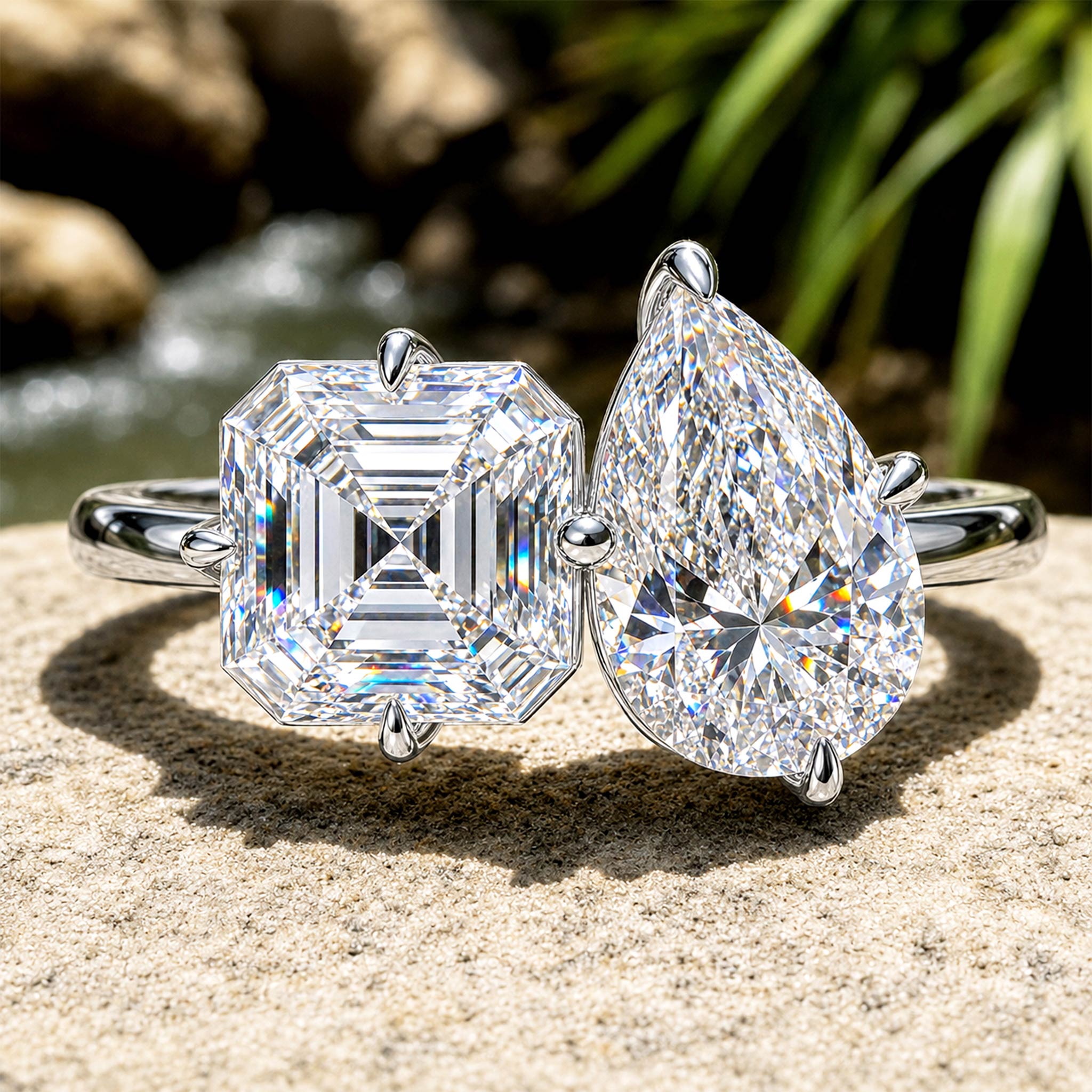 8CT ToietMoi Modern Design Asscher And Pear Cut Moissanite Cathedral Basket Tapered Shank Polished Engagement Rings #MCERM034