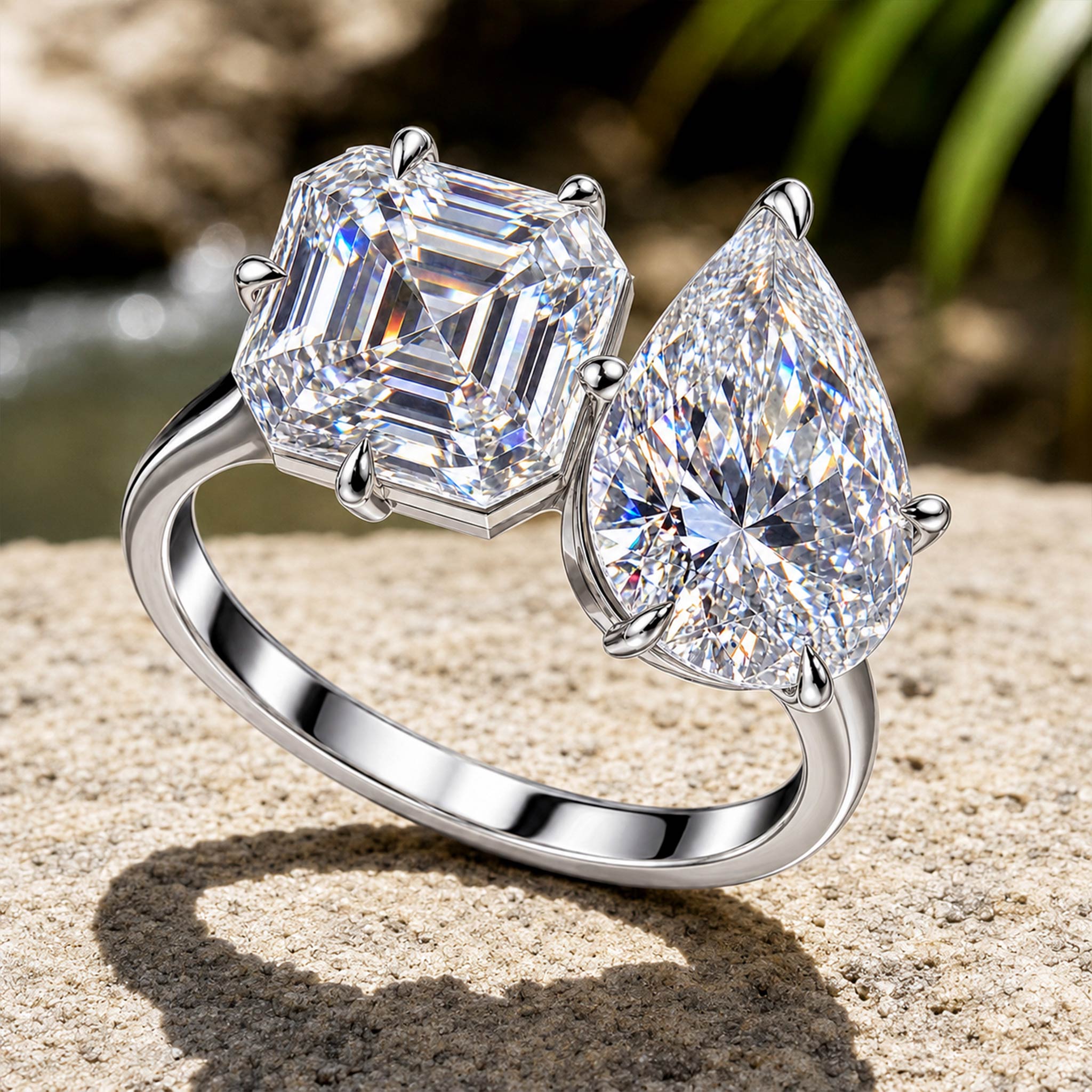 8CT ToietMoi Modern Design Asscher And Pear Cut Moissanite Cathedral Basket Tapered Shank Polished Engagement Rings #MCERM034