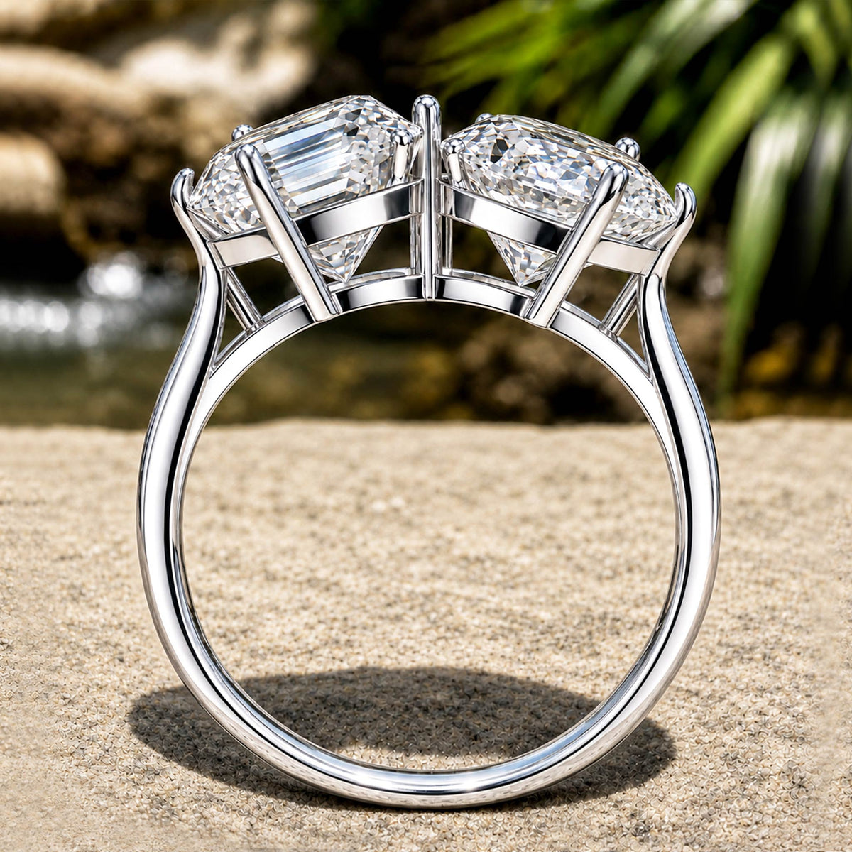 8CT ToietMoi Modern Design Asscher And Pear Cut Moissanite Cathedral Basket Tapered Shank Polished Engagement Rings #MCERM034