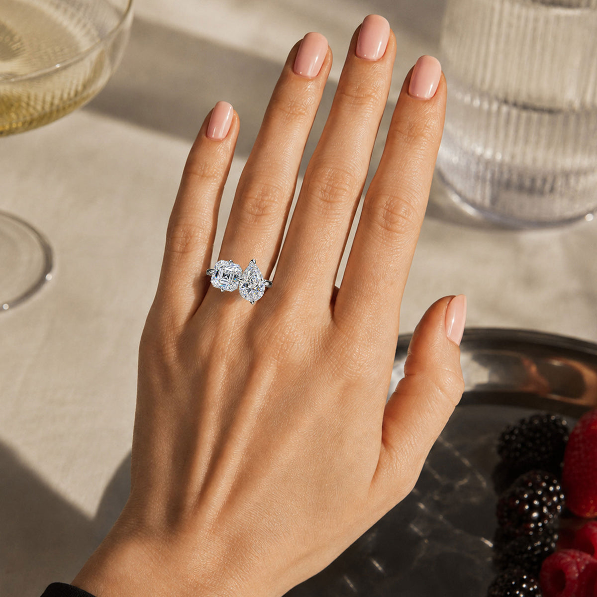 8CT ToietMoi Modern Design Asscher And Pear Cut Moissanite Cathedral Basket Tapered Shank Polished Engagement Rings #MCERM034
