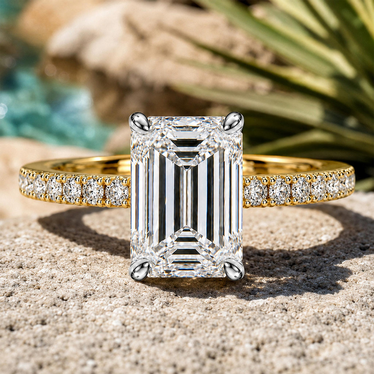 Claassic Hidden Halo Design 5CT Emerald Cut Moissanite Center Stone Cathedral Basket Pave Tapered Shank Engagement Rings With Round Cut Accent Stones #MCERM036