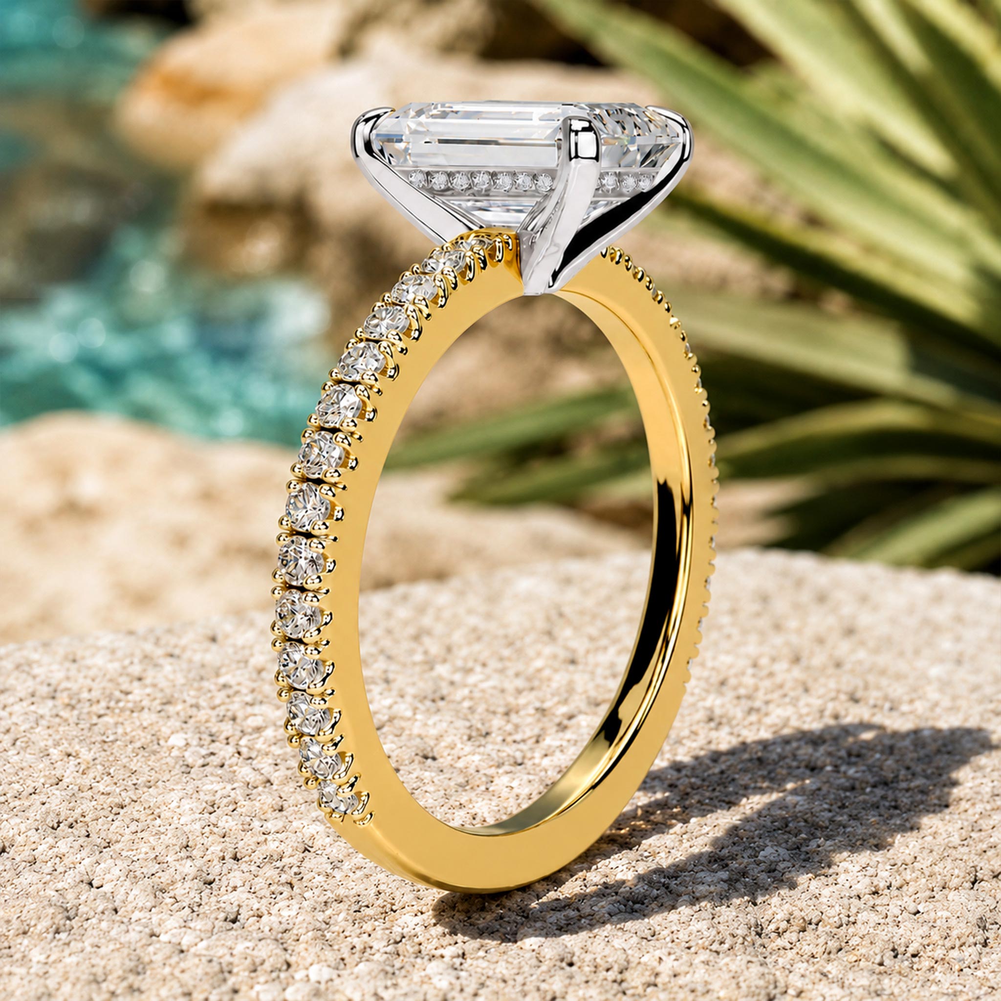 Claassic Hidden Halo Design 5CT Emerald Cut Moissanite Center Stone Cathedral Basket Pave Tapered Shank Engagement Rings With Round Cut Accent Stones #MCERM036