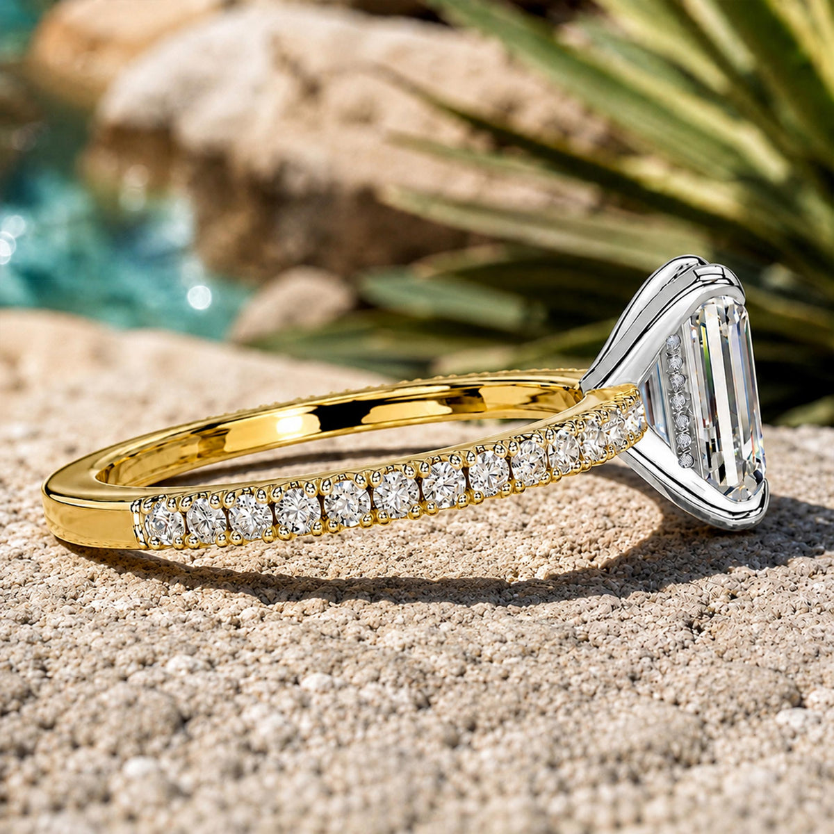 Claassic Hidden Halo Design 5CT Emerald Cut Moissanite Center Stone Cathedral Basket Pave Tapered Shank Engagement Rings With Round Cut Accent Stones #MCERM036
