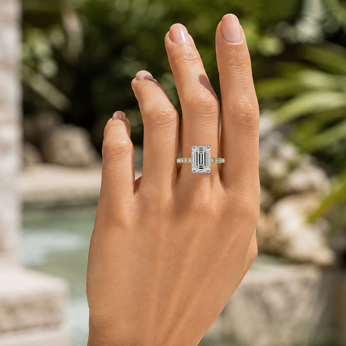 Claassic Hidden Halo Design 5CT Emerald Cut Moissanite Center Stone Cathedral Basket Pave Tapered Shank Engagement Rings With Round Cut Accent Stones #MCERM036