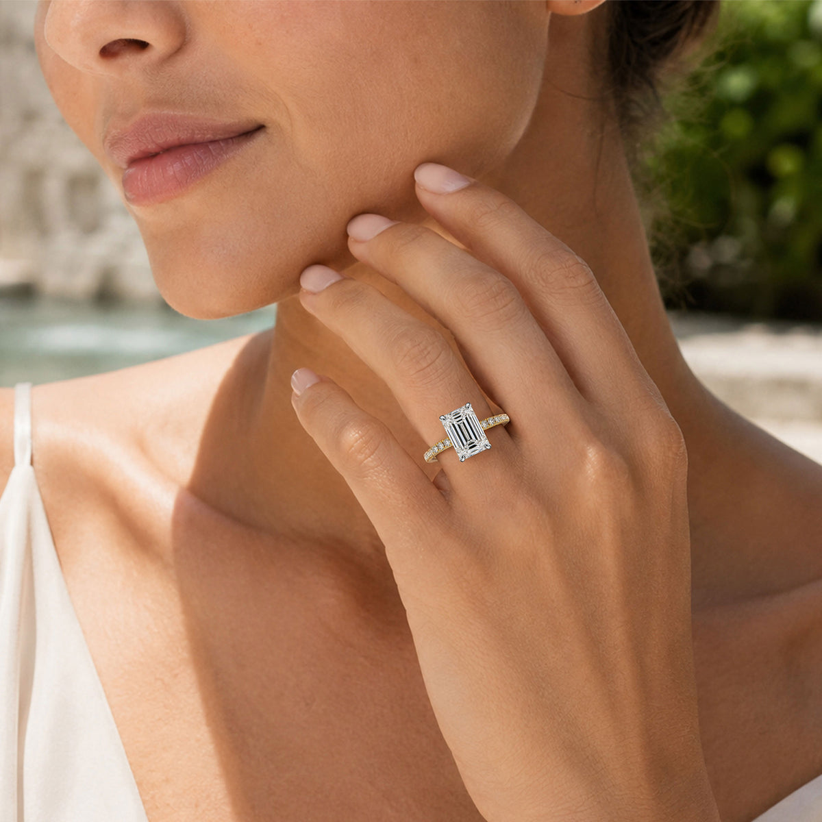 Claassic Hidden Halo Design 5CT Emerald Cut Moissanite Center Stone Cathedral Basket Pave Tapered Shank Engagement Rings With Round Cut Accent Stones #MCERM036