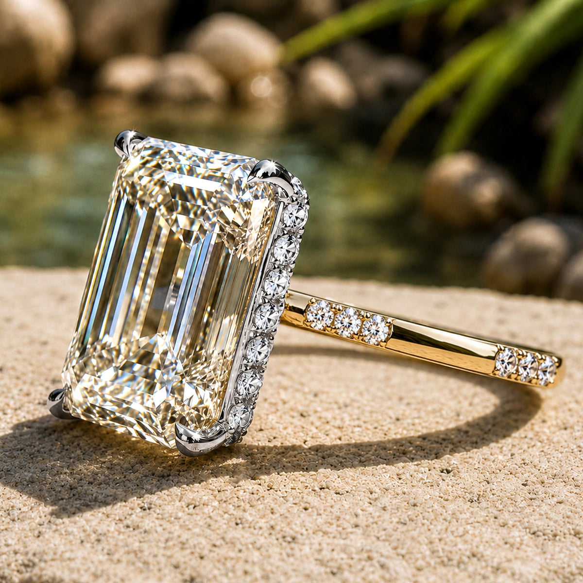Hidden Halo 3CT Emerald Cut Moissanite Center Stone Pave Engagement Rings with Round Cut Accent Moissanites #MCERM037