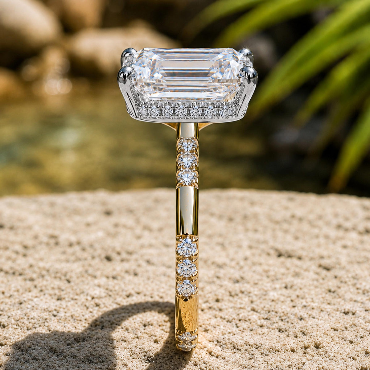 Hidden Halo 3CT Emerald Cut Moissanite Center Stone Pave Engagement Rings with Round Cut Accent Moissanites #MCERM037