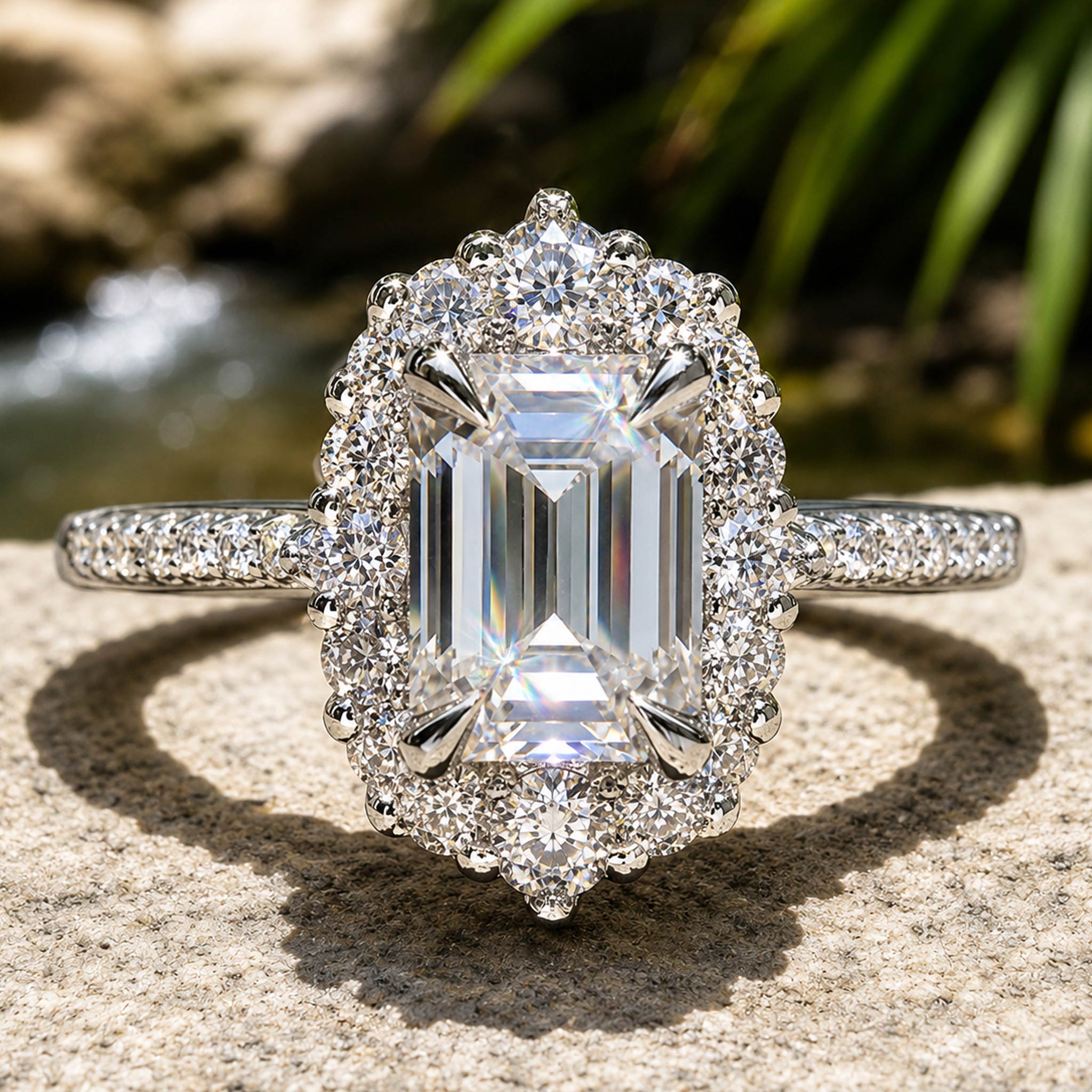 Halo Vintage Design 3CT Emerald Cut Moissanite Center Stone Cathedral Basket Pave Tapered Shank Engagement Rings With Round Cut Accent Moissanites #MCERM038