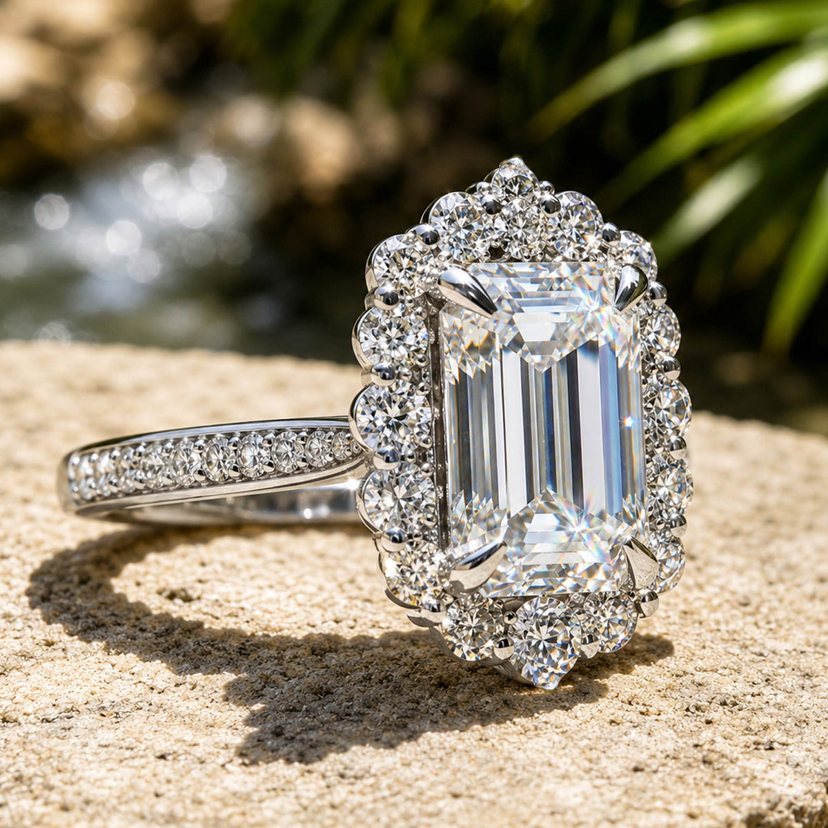 Halo Vintage Design 3CT Emerald Cut Moissanite Center Stone Cathedral Basket Pave Tapered Shank Engagement Rings With Round Cut Accent Moissanites #MCERM038