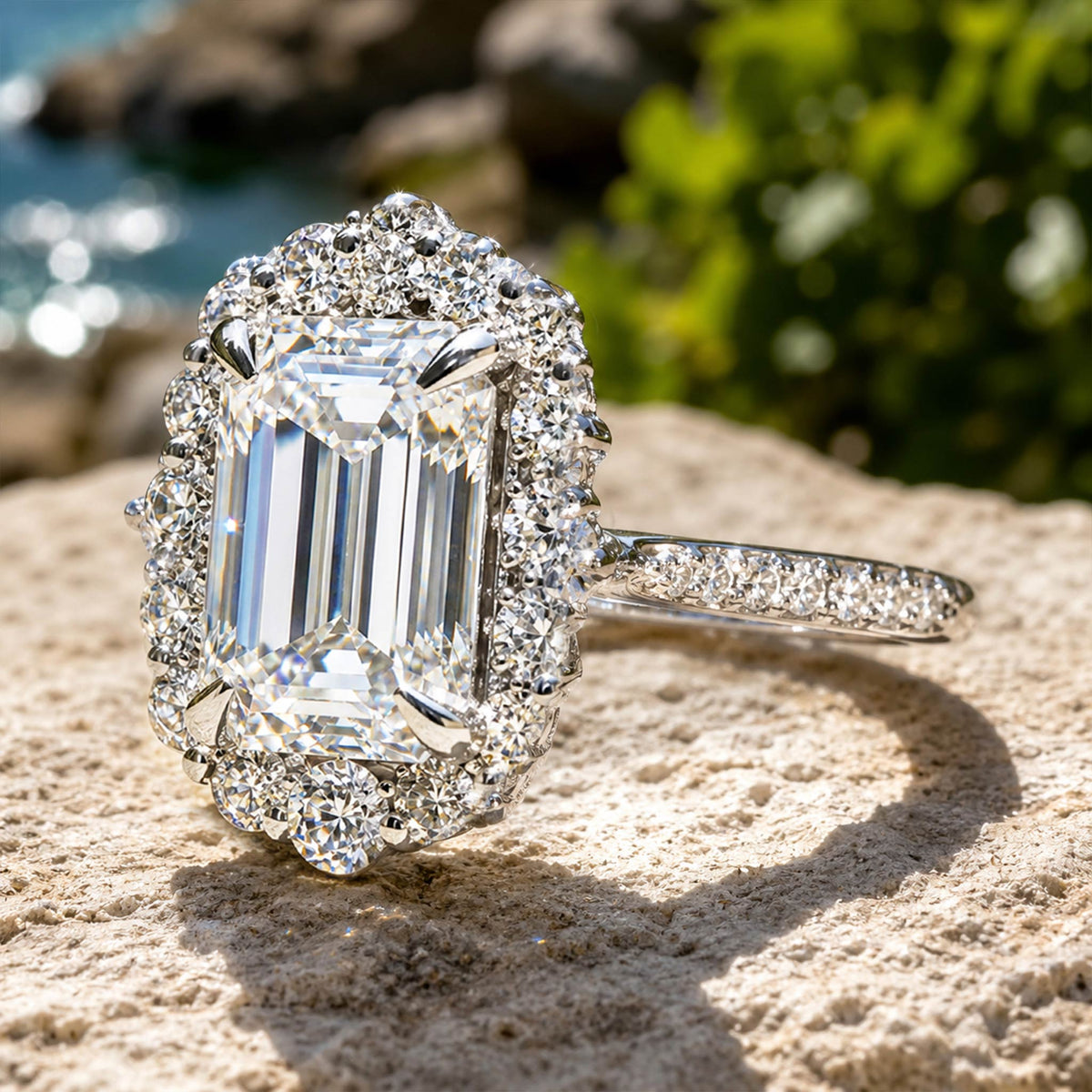 Halo Vintage Design 3CT Emerald Cut Moissanite Center Stone Cathedral Basket Pave Tapered Shank Engagement Rings With Round Cut Accent Moissanites #MCERM038