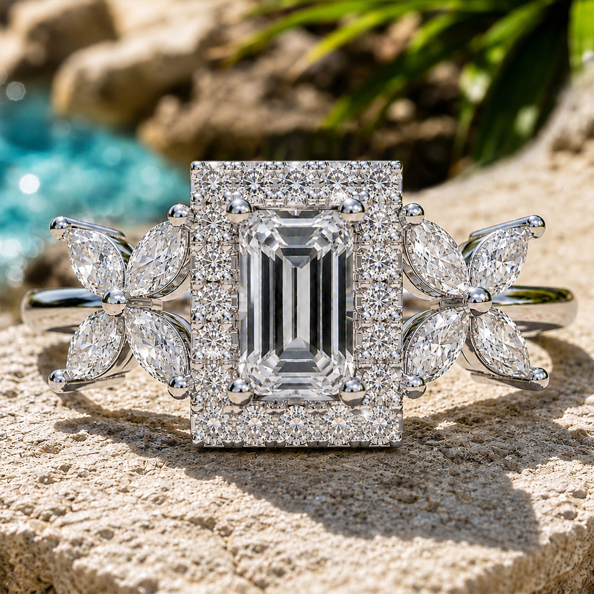 Halo Art Deco Floral Design 0.39CT Emerald Cut Moissanite Cathedral Basket Tapered Shank Polished Engagement Ring With Marquise Cut Accent Stones #MCERM039