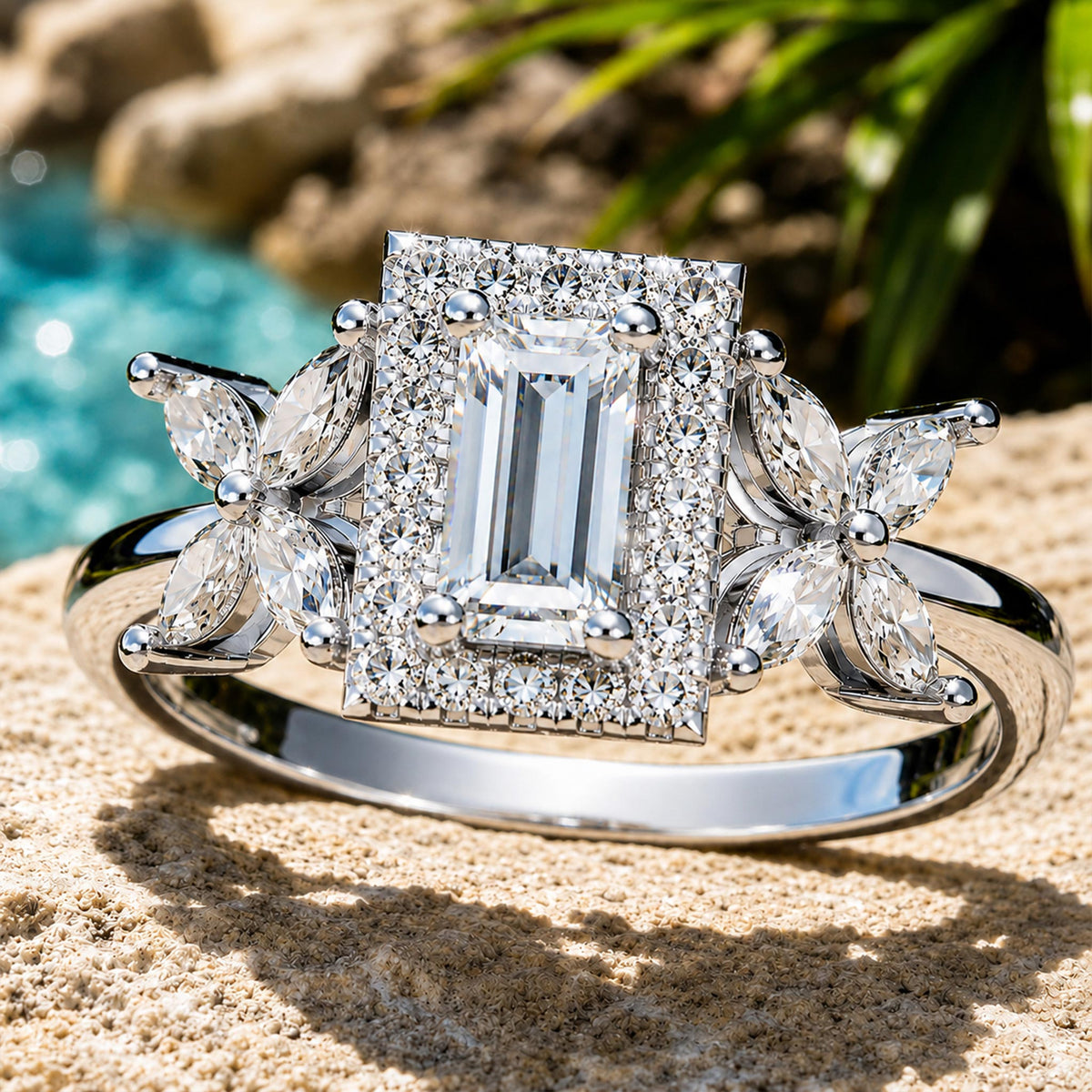 Halo Art Deco Floral Design 0.39CT Emerald Cut Moissanite Cathedral Basket Tapered Shank Polished Engagement Ring With Marquise Cut Accent Stones #MCERM039