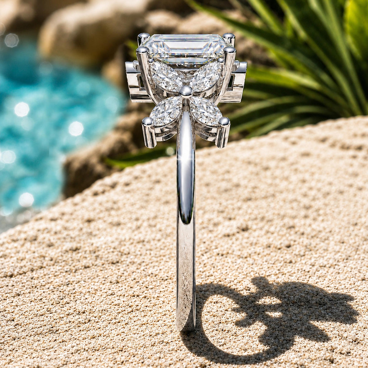 Halo Art Deco Floral Design 0.39CT Emerald Cut Moissanite Cathedral Basket Tapered Shank Polished Engagement Ring With Marquise Cut Accent Stones #MCERM039