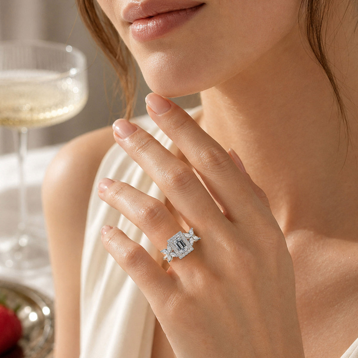 Halo Art Deco Floral Design 0.39CT Emerald Cut Moissanite Cathedral Basket Tapered Shank Polished Engagement Ring With Marquise Cut Accent Stones #MCERM039