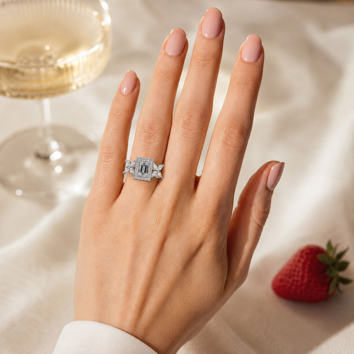 Halo Art Deco Floral Design 0.39CT Emerald Cut Moissanite Cathedral Basket Tapered Shank Polished Engagement Ring With Marquise Cut Accent Stones #MCERM039