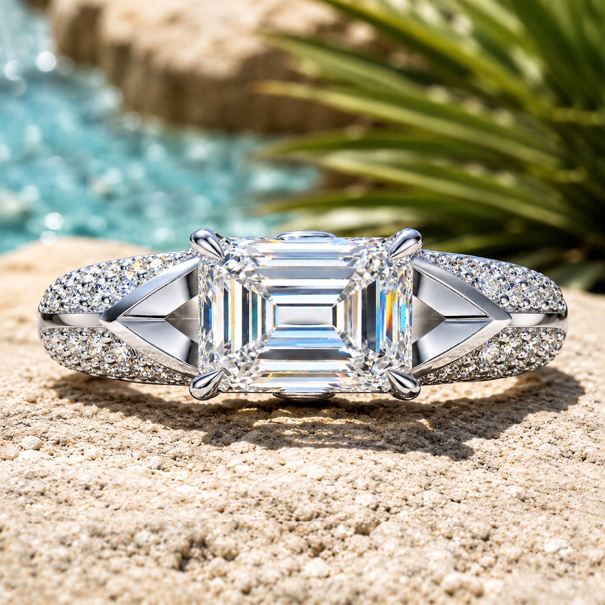 ArtDeco Design 3CT Emerald Cut Moissanite Center Stone Pave Shank Engagement Ring #MCERM040