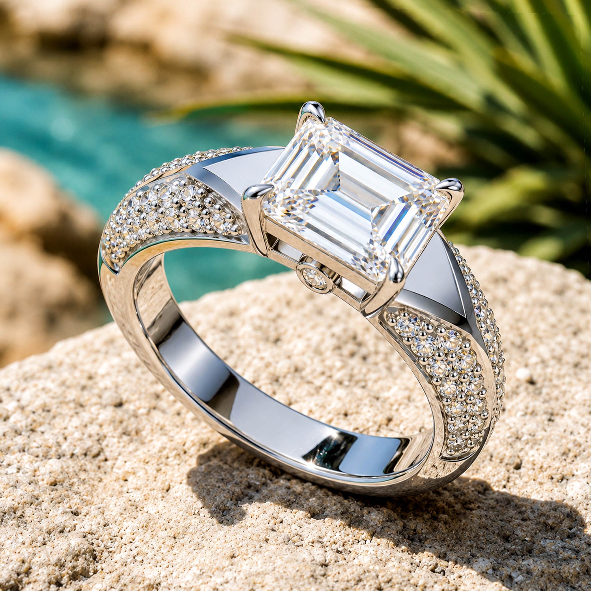 ArtDeco Design 3CT Emerald Cut Moissanite Center Stone Pave Shank Engagement Ring #MCERM040