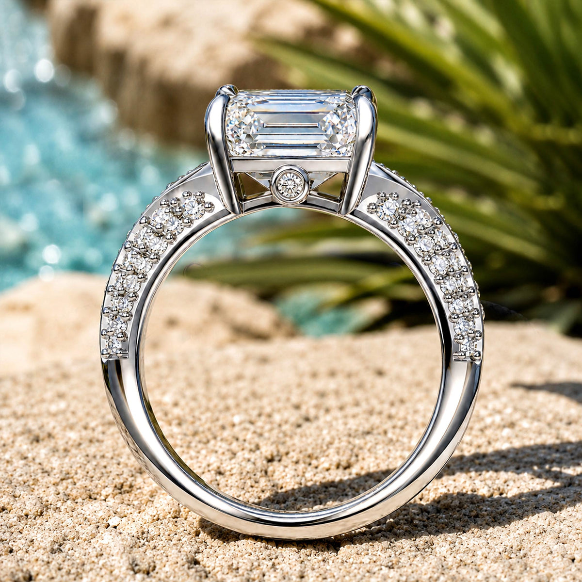 ArtDeco Design 3CT Emerald Cut Moissanite Center Stone Pave Shank Engagement Ring #MCERM040