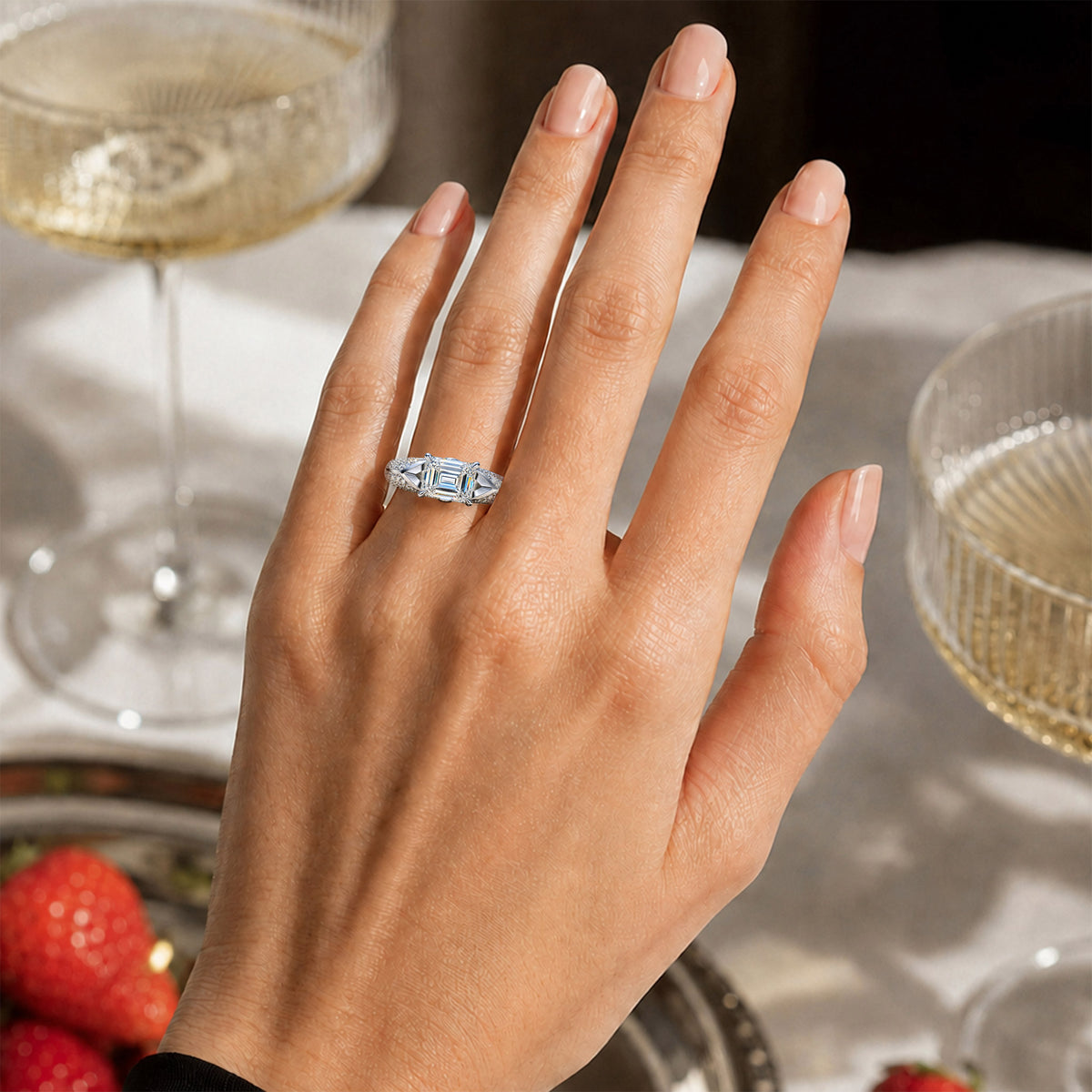 ArtDeco Design 3CT Emerald Cut Moissanite Center Stone Pave Shank Engagement Ring #MCERM040