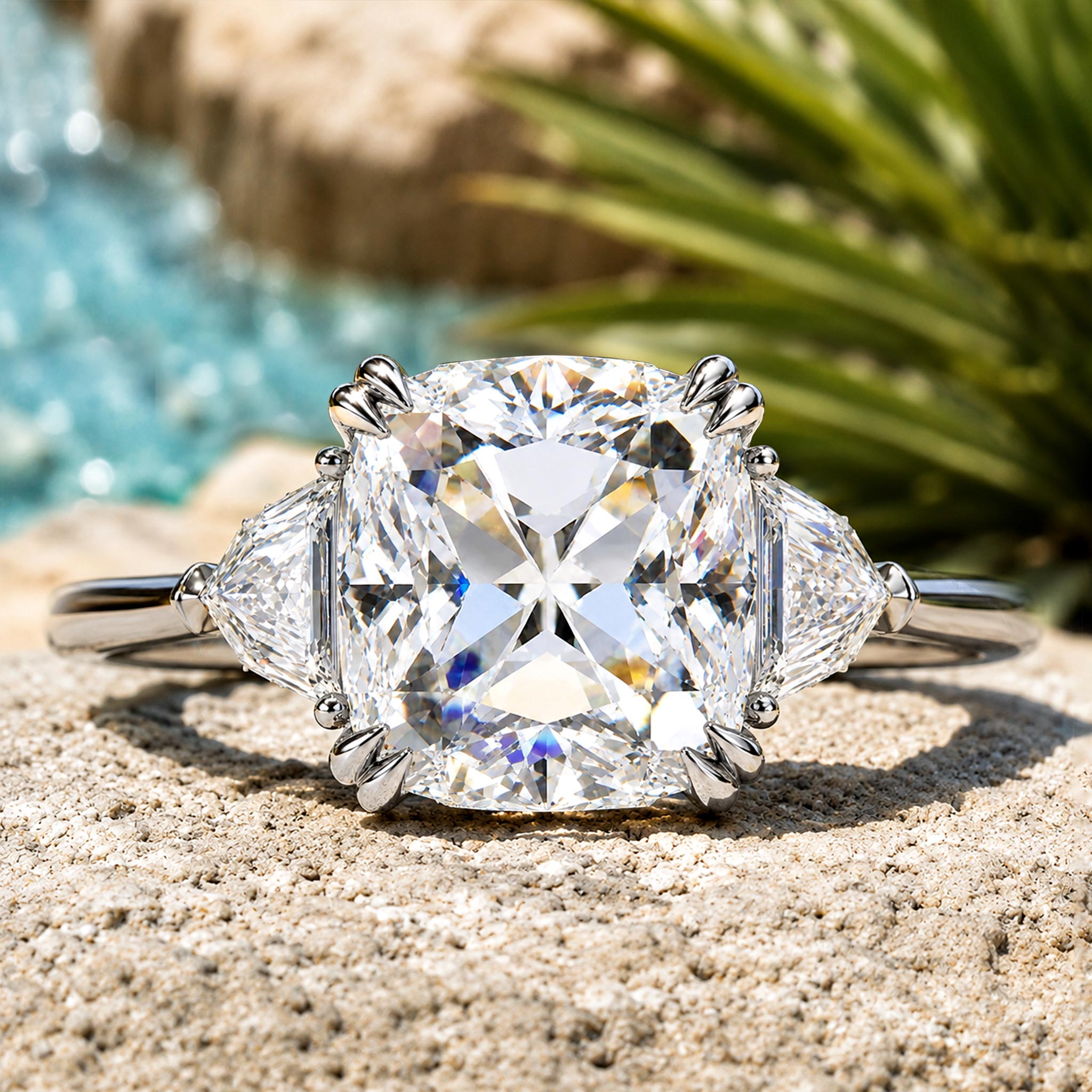 Three Stones Modern Design Princess Cut Moissanite Cathedral Basket Tapered Shank Polished Engagement Ring With Shield Cut Accent Stones #MCERM059