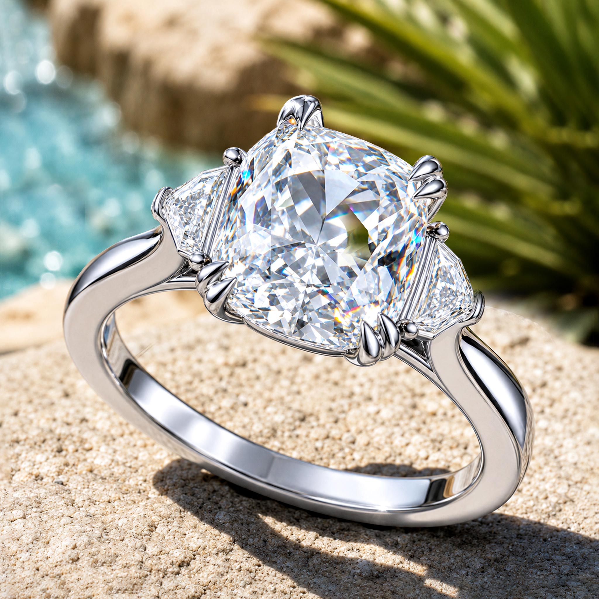 Three Stones Modern Design Princess Cut Moissanite Cathedral Basket Tapered Shank Polished Engagement Ring With Shield Cut Accent Stones #MCERM059