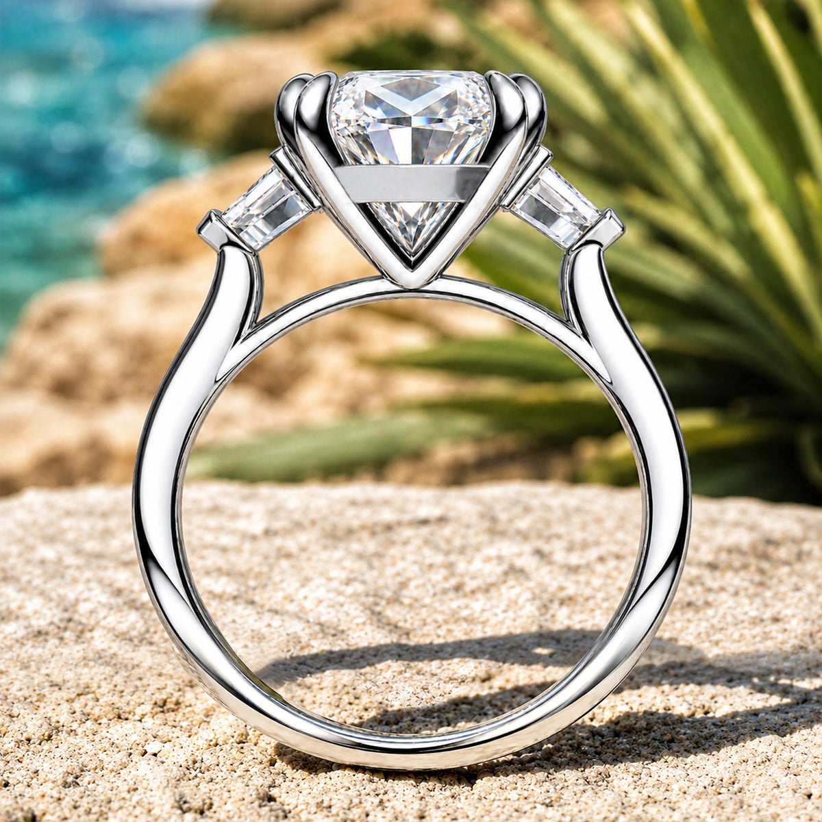Three Stones Modern Design Princess Cut Moissanite Cathedral Basket Tapered Shank Polished Engagement Ring With Shield Cut Accent Stones #MCERM059