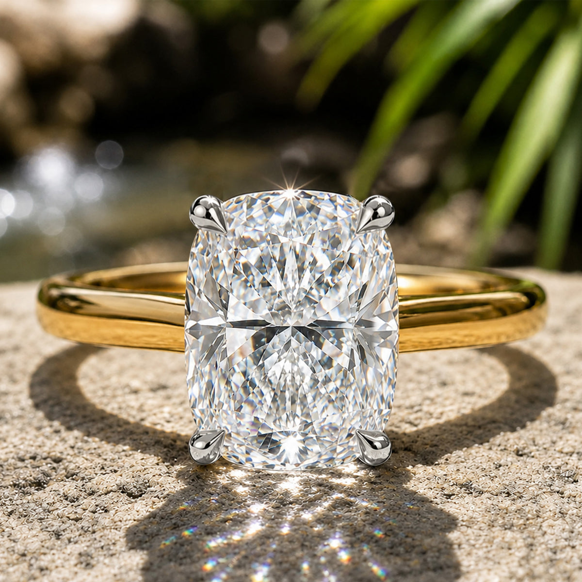 Hidden Halo Modern Design Cushion Cut Moissanite Cathedral Basket Tapered Shank Polished Engagement Ring With Round Cut Accent Stones #MCERM060