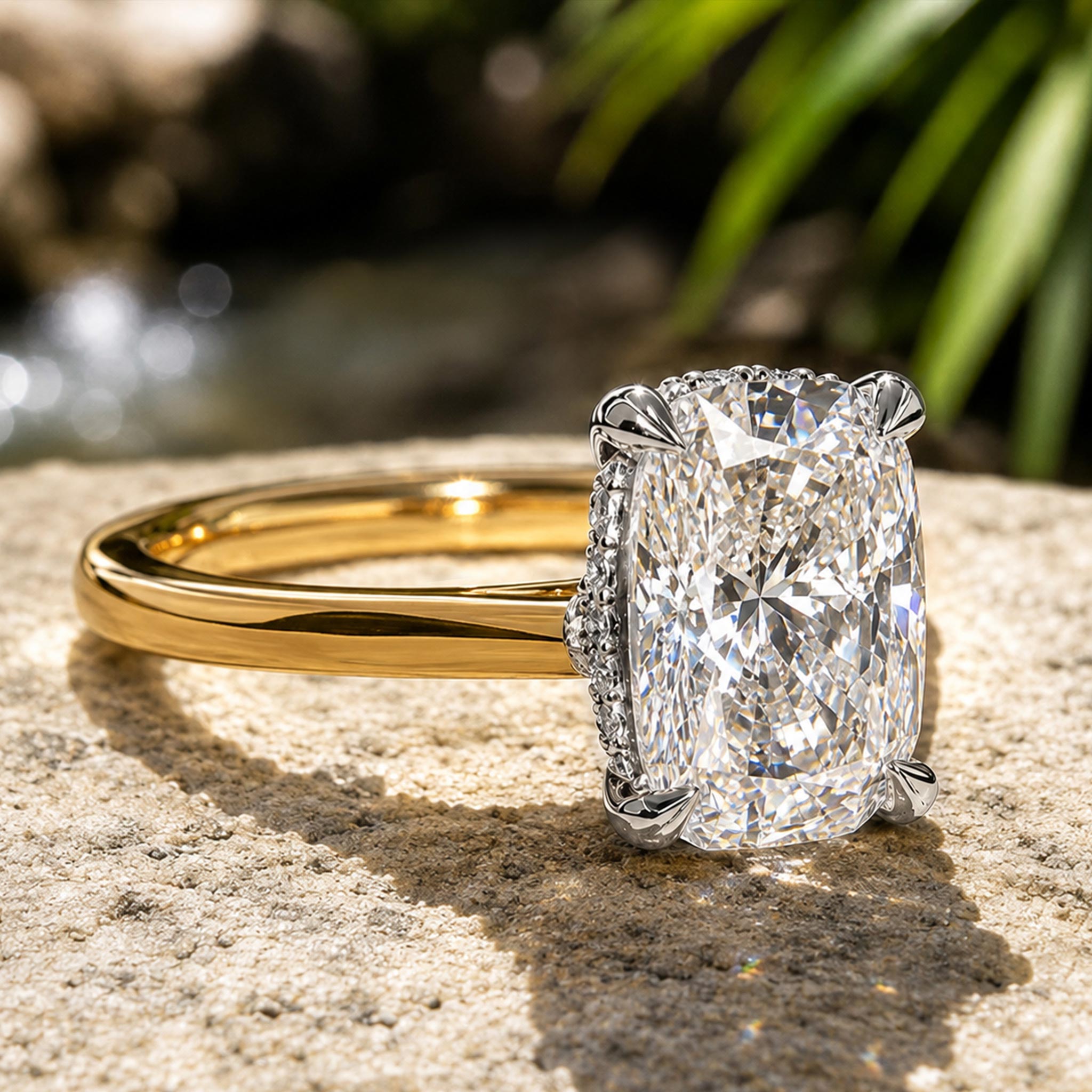 Hidden Halo Modern Design Cushion Cut Moissanite Cathedral Basket Tapered Shank Polished Engagement Ring With Round Cut Accent Stones #MCERM060