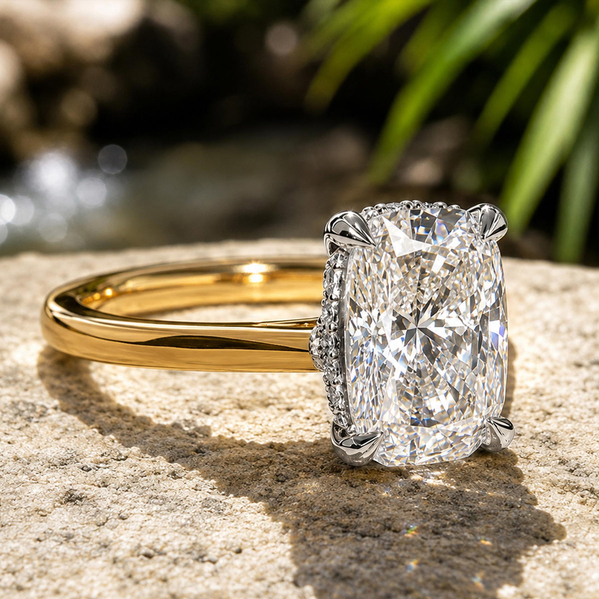 Hidden Halo Modern Design Cushion Cut Moissanite Cathedral Basket Tapered Shank Polished Engagement Ring With Round Cut Accent Stones #MCERM060